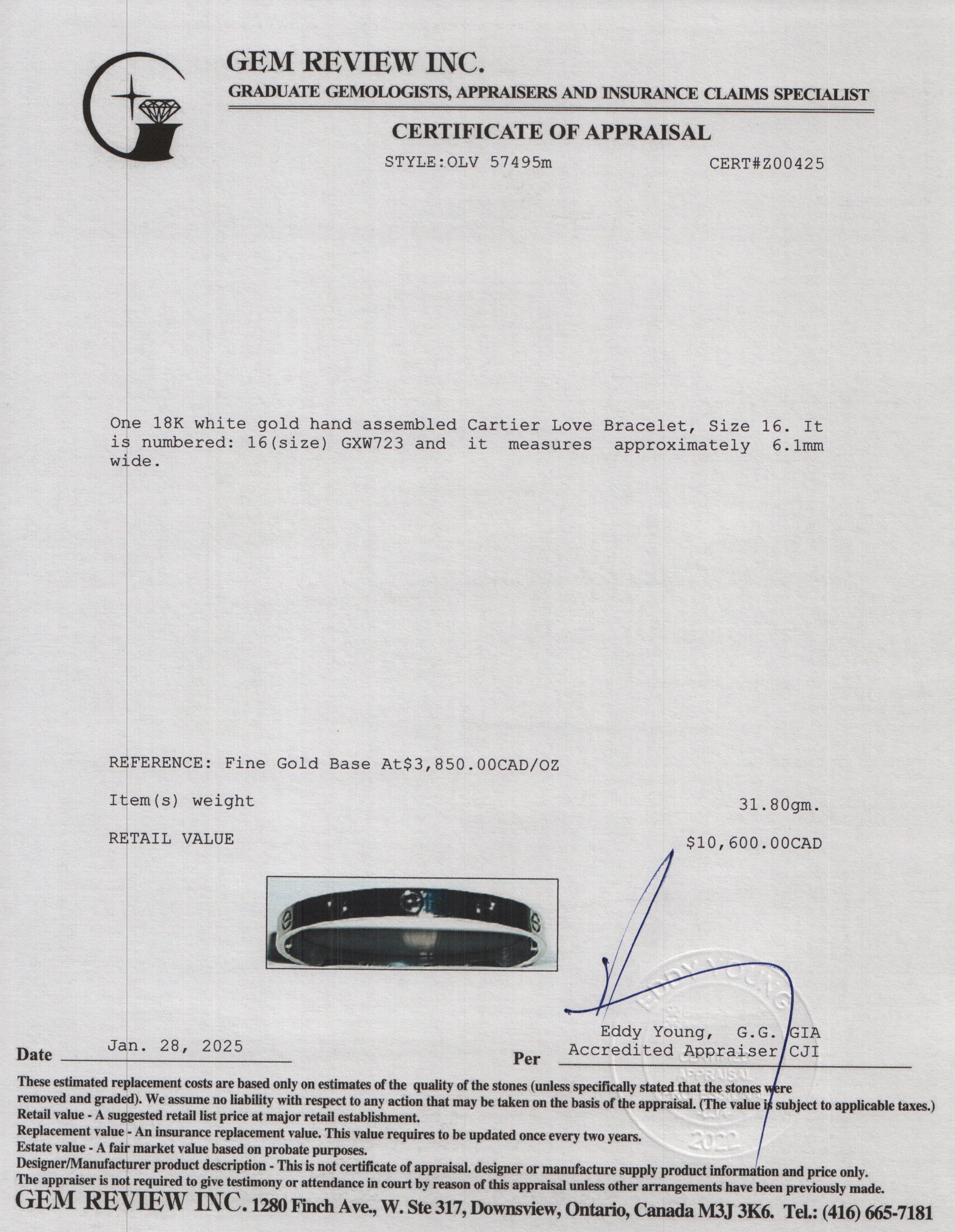 Cartier 18k White Gold Love Bracelet, Size 16 w/ Box & Certificate