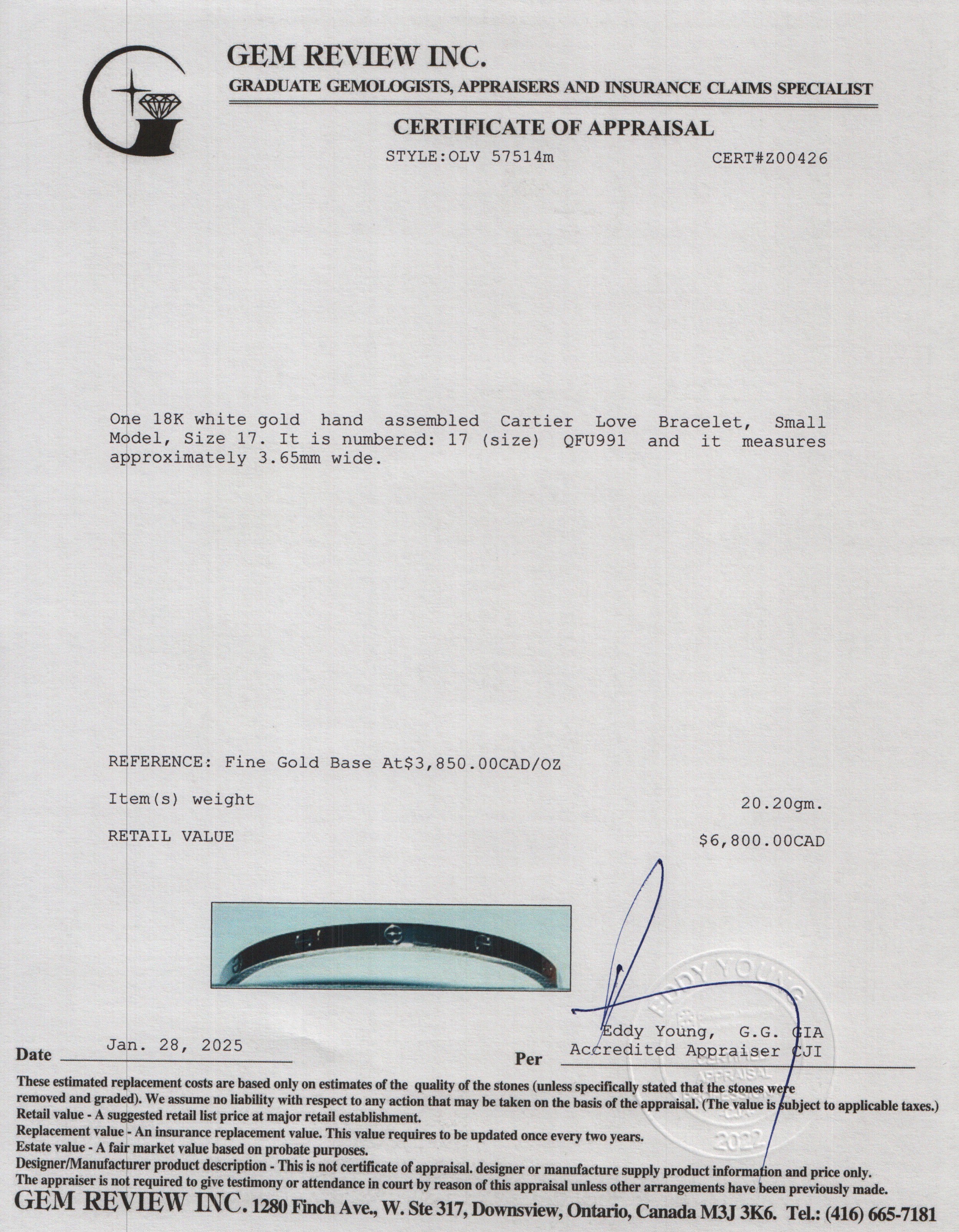 Cartier 2022 18k White Gold 3.65 MM Love Bracelet, Small Model, Size 17 w/ Box, Receipt & Certificate