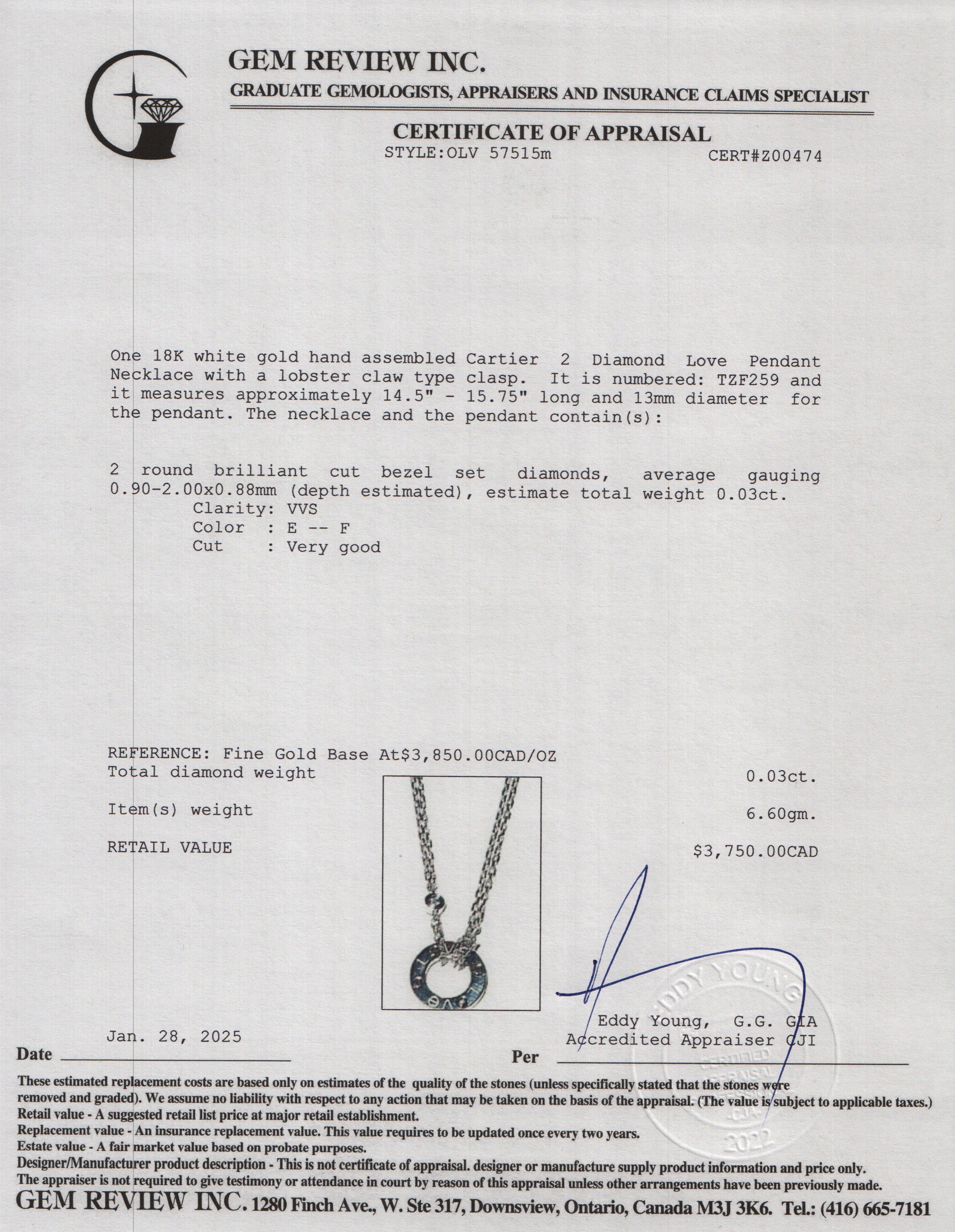 Cartier 18k White Gold 2 Diamond Love Pendant Necklace w/ Box