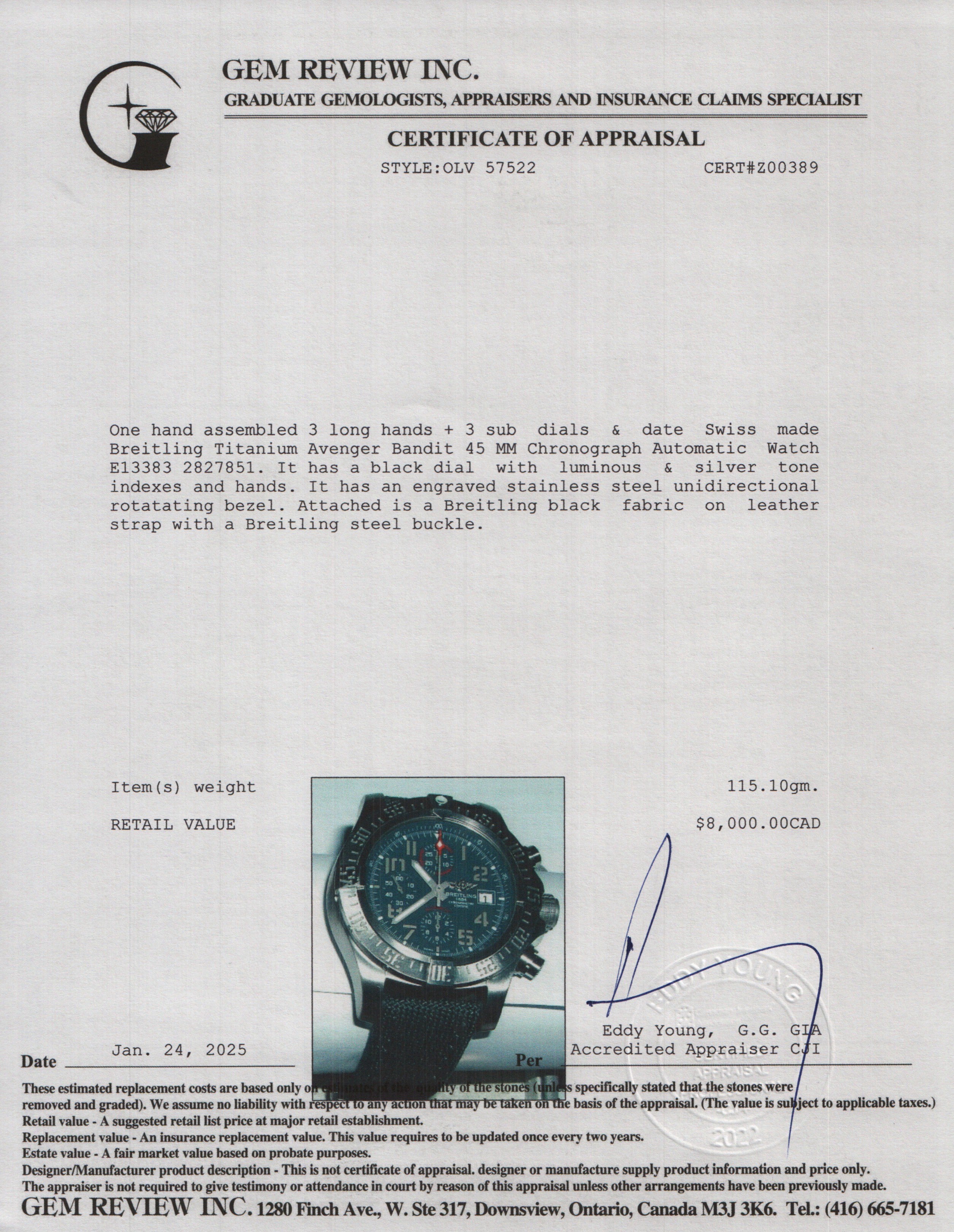 Breitling Titanium Avenger Bandit 45 MM Chronograph Automatic Watch E13383 w/ Case