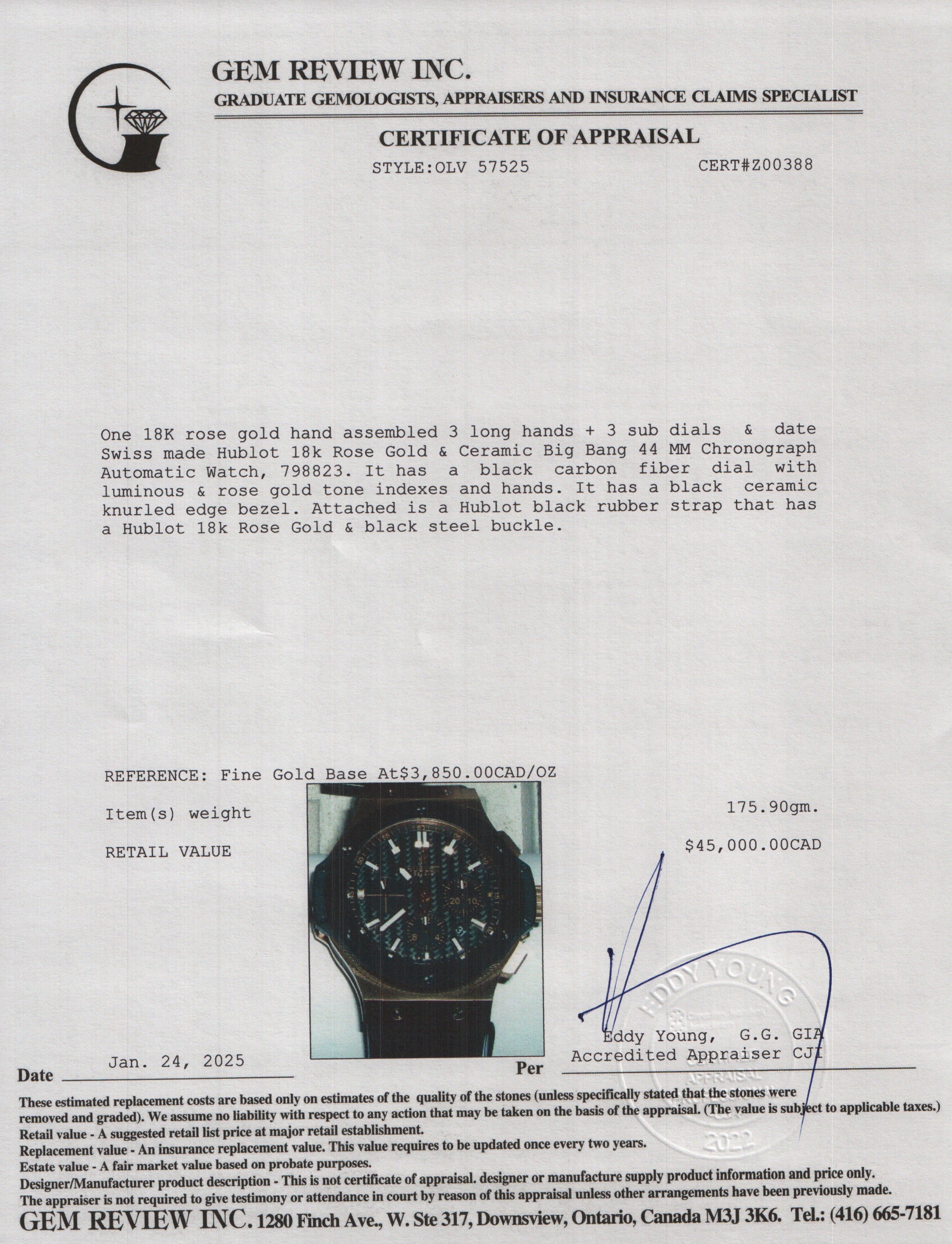 Hublot 18k Rose Gold & Ceramic Big Bang 44 MM Chronograph Automatic Watch w/ Box & Papers