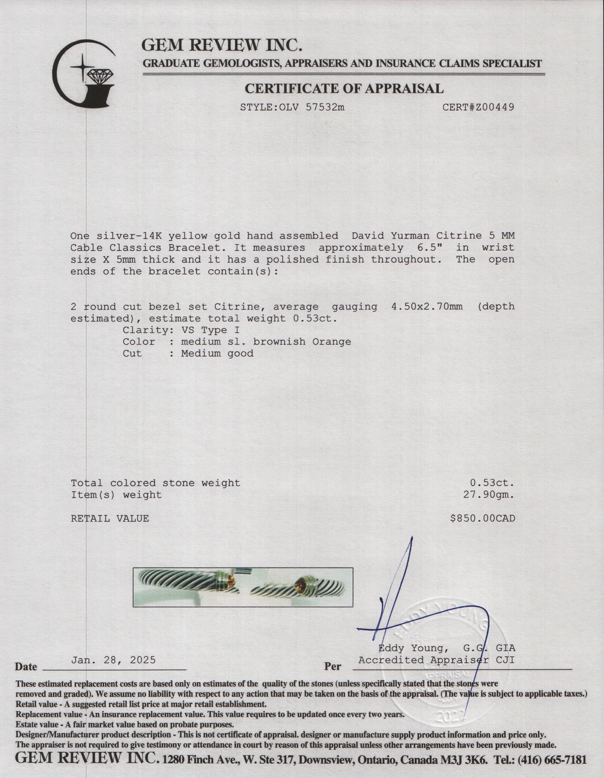 David Yurman Sterling Silver & 14k Yellow Gold Citrine 5 MM Cable Classics Bracelet