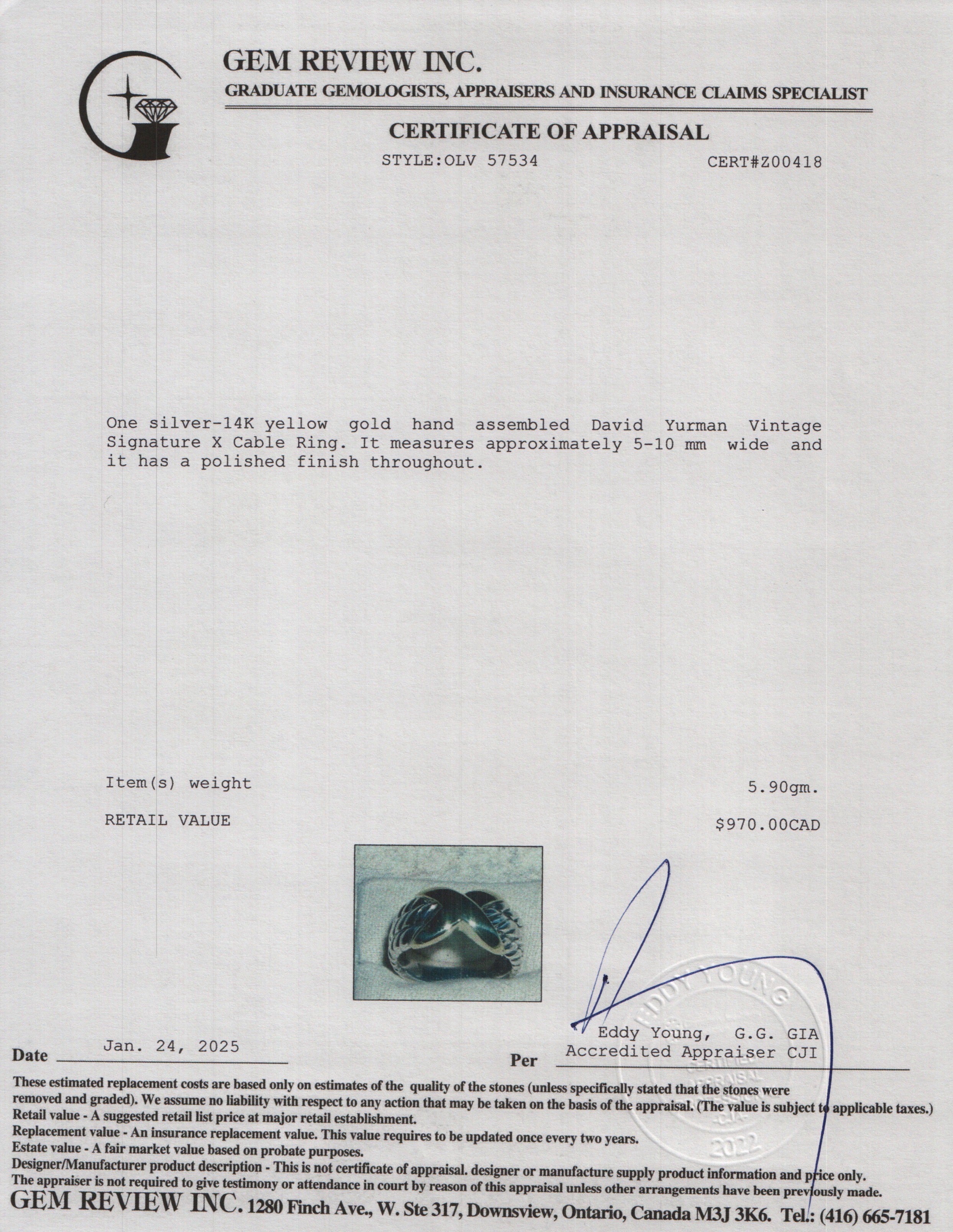 David Yurman Vintage Sterling Silver & 14k Yellow Signature X Cable Ring, Size 7