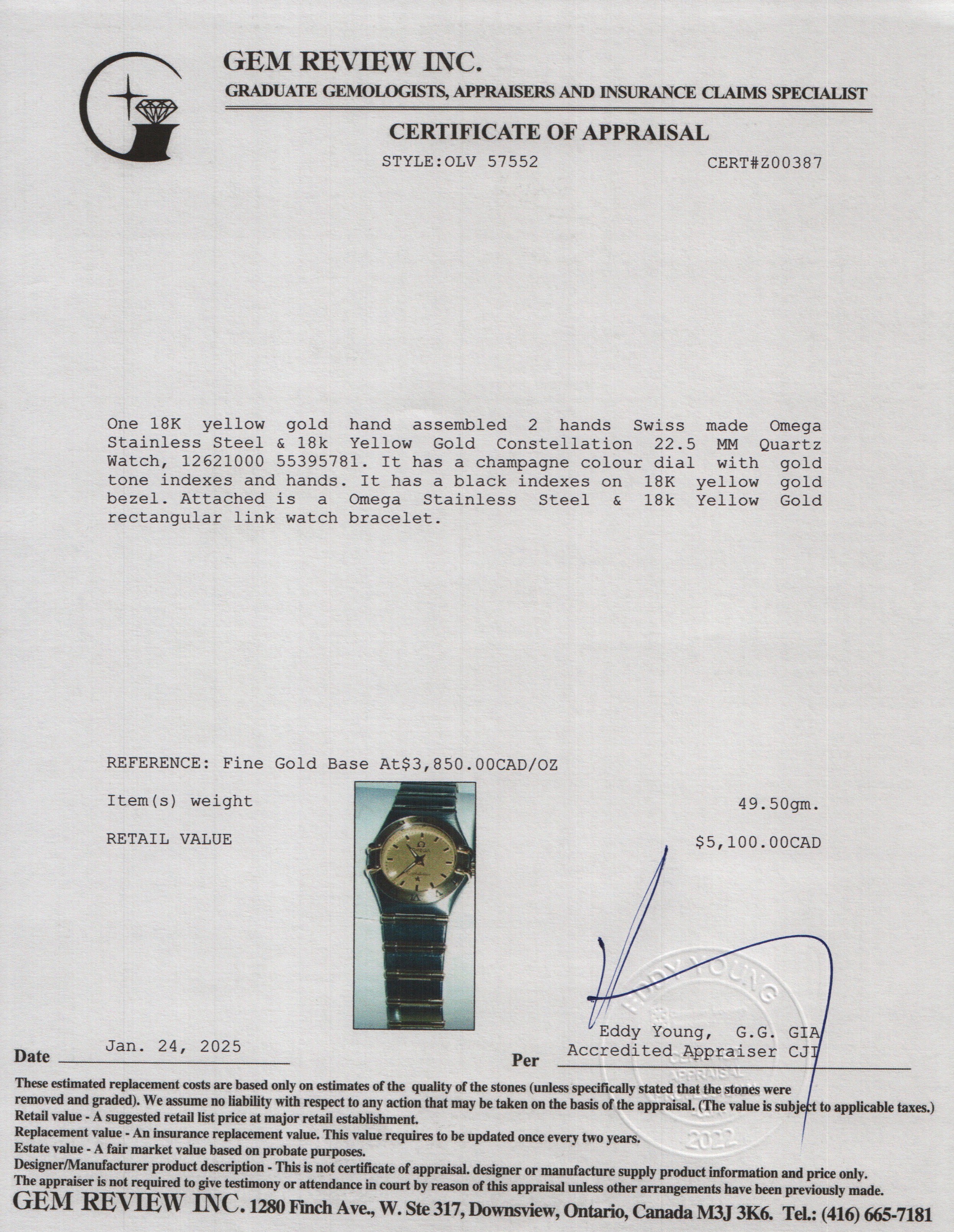 Omega Stainless Steel & 18k Yellow Gold Constellation 22.5 MM Quartz Watch w/ Box & Papers