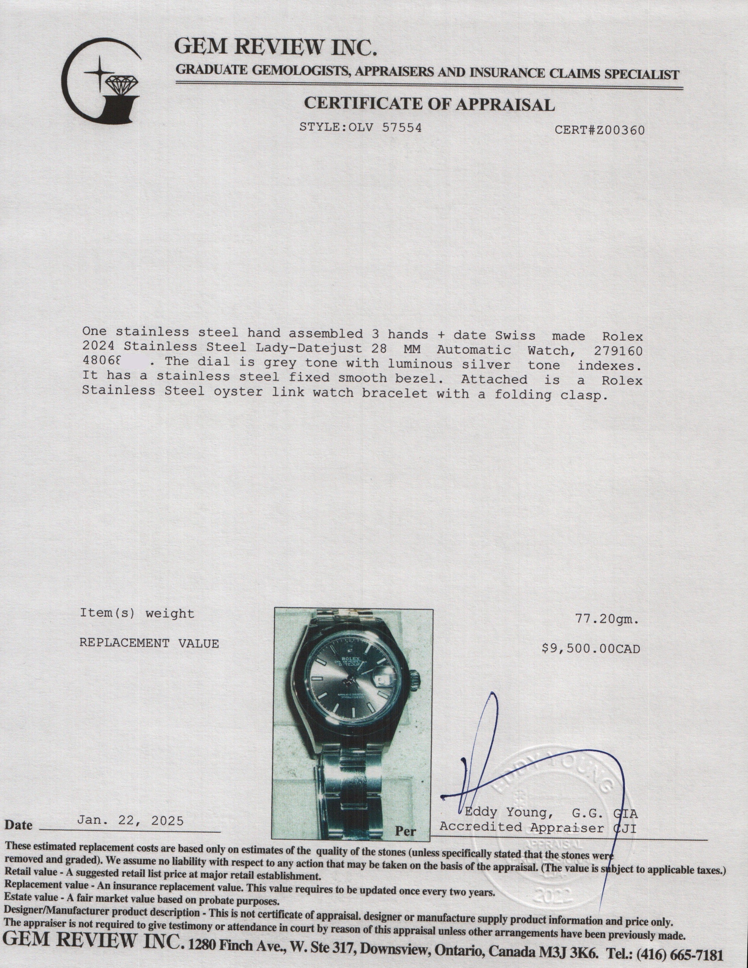 Rolex 2024 Stainless Steel Lady-Datejust 28 MM Automatic Watch Dark Grey Dial 279160 w/ Box & Papers