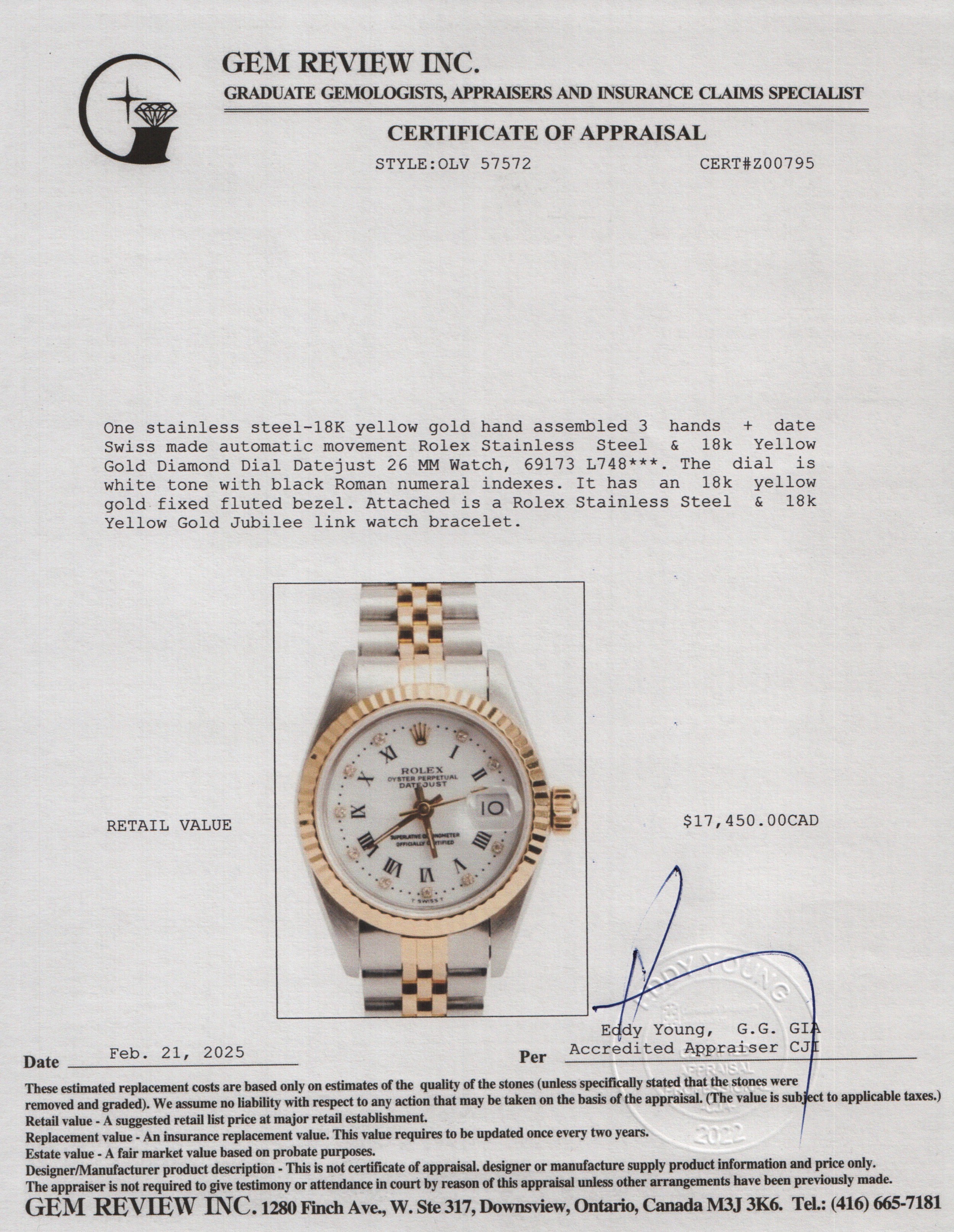 Rolex Stainless Steel & 18k Yellow Gold Diamond Dial Datejust 26 MM Watch 69173