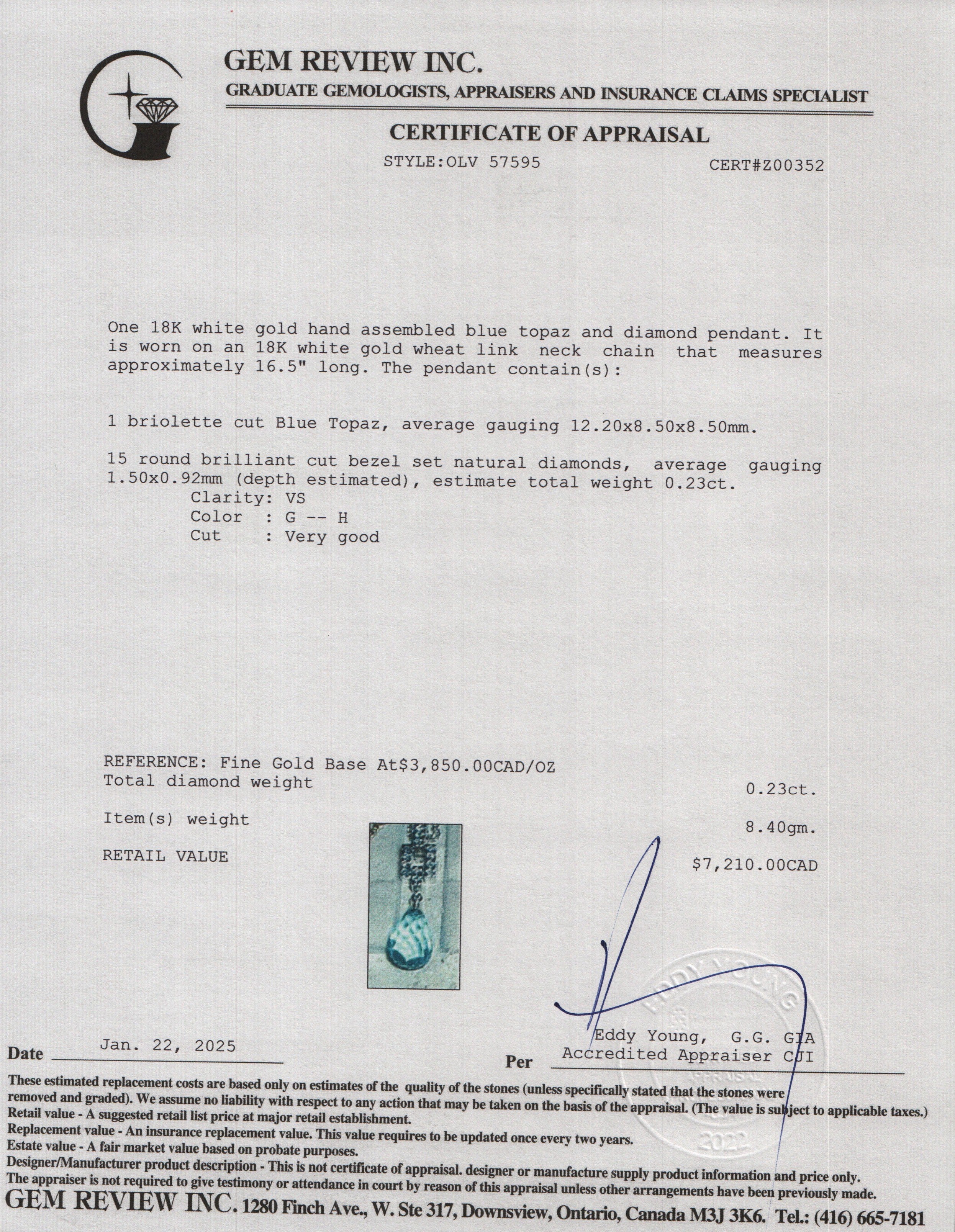 18k White Gold Blue Topaz & Diamond Pendant Necklace