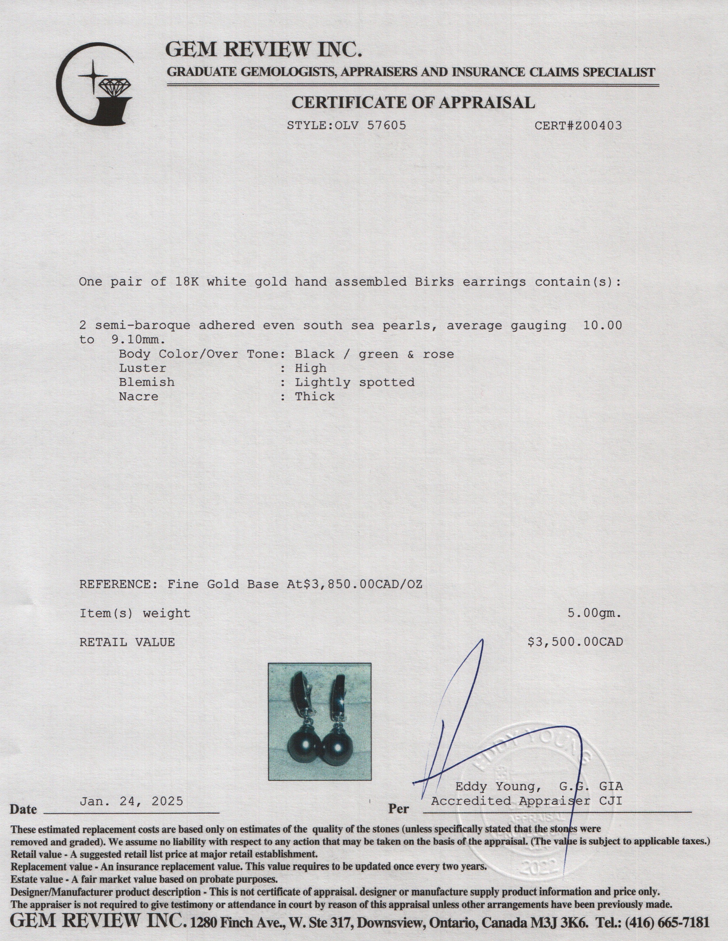 Birks 18k White Gold South Sea Pearl Drop Earrings