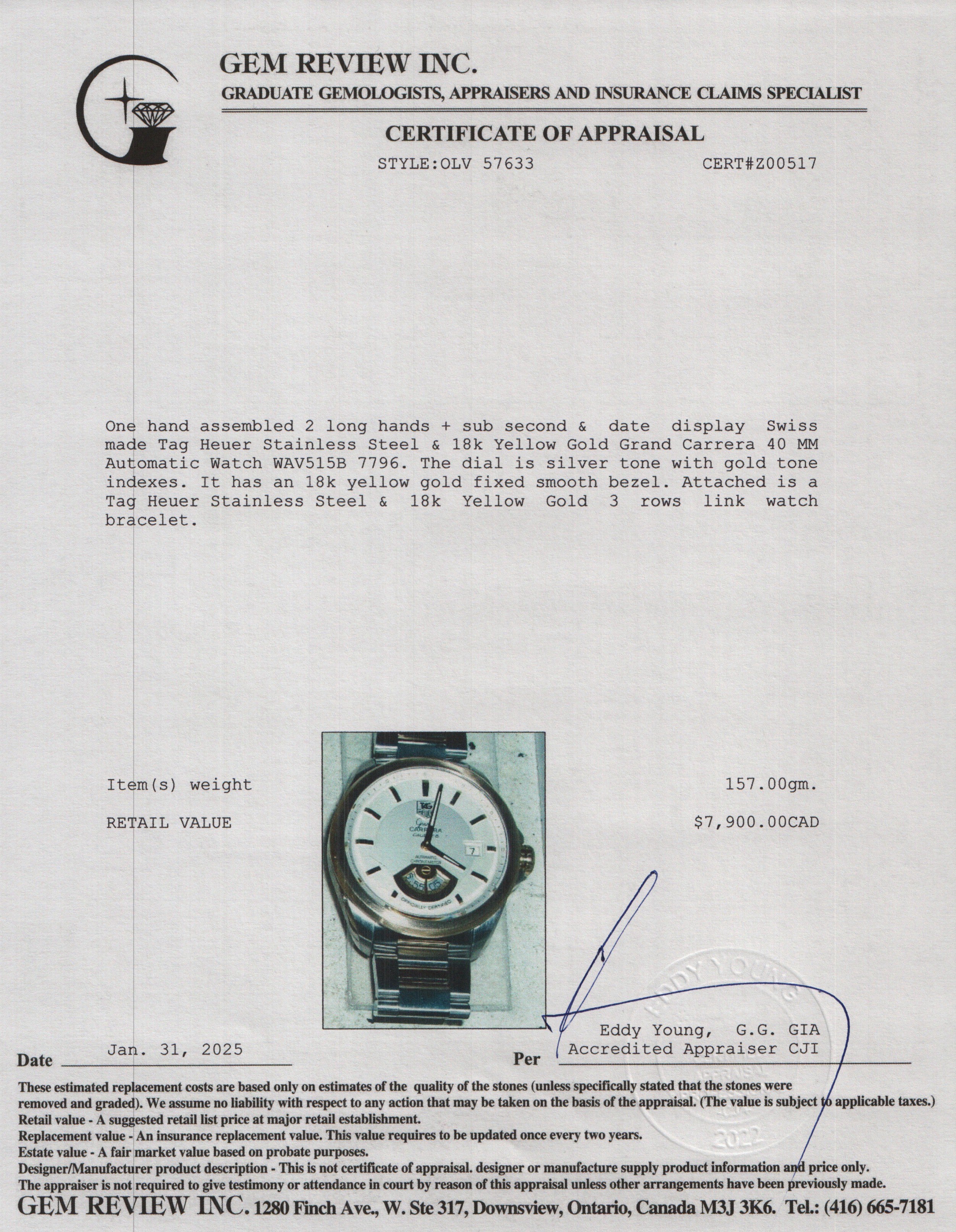 Tag Heuer Stainless Steel & 18k Yellow Gold Grand Carrera 40 MM Automatic Watch WAV515B