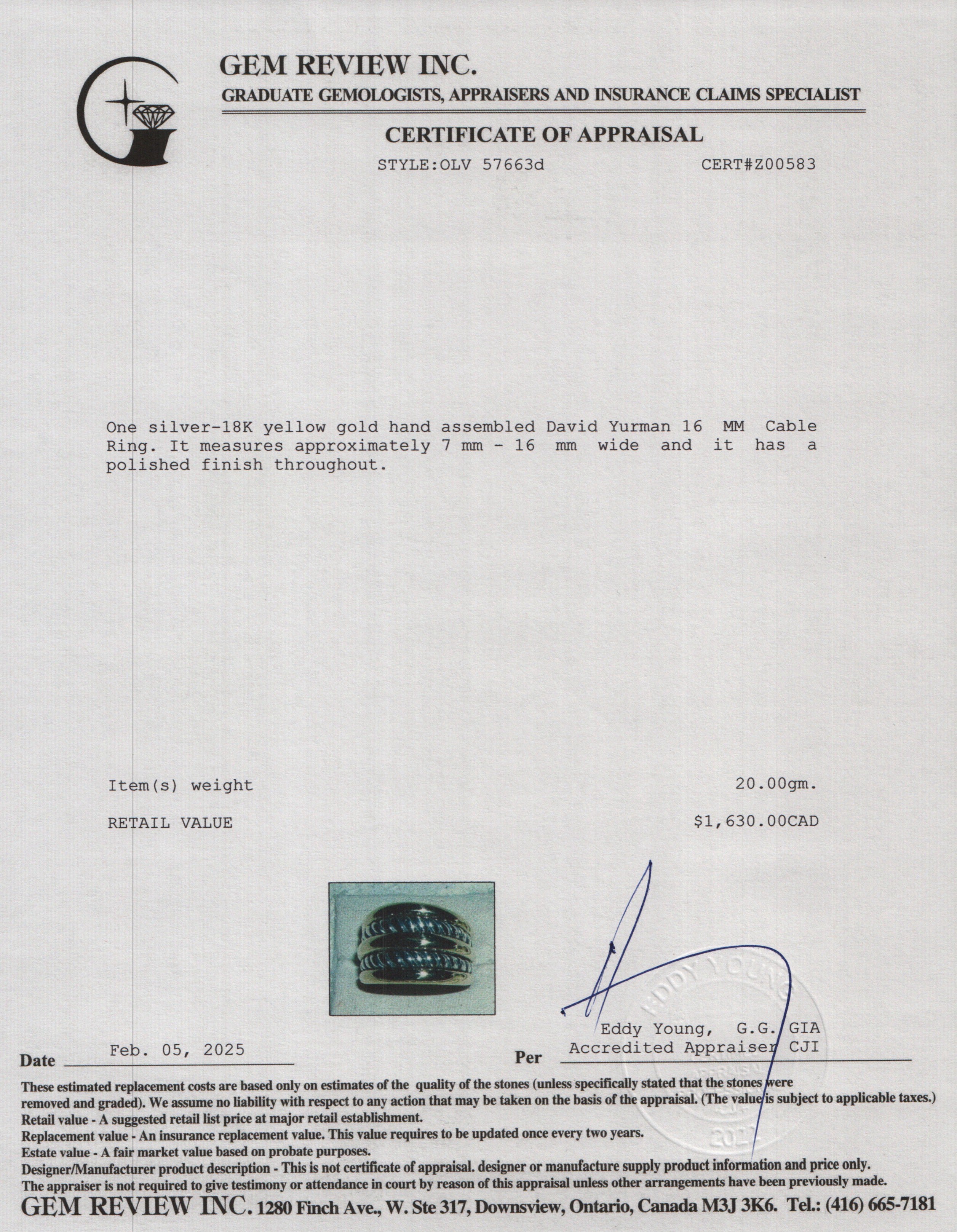 David Yurman Sterling Silver & 18k Yellow Gold 16 MM Cable Ring, Size 7