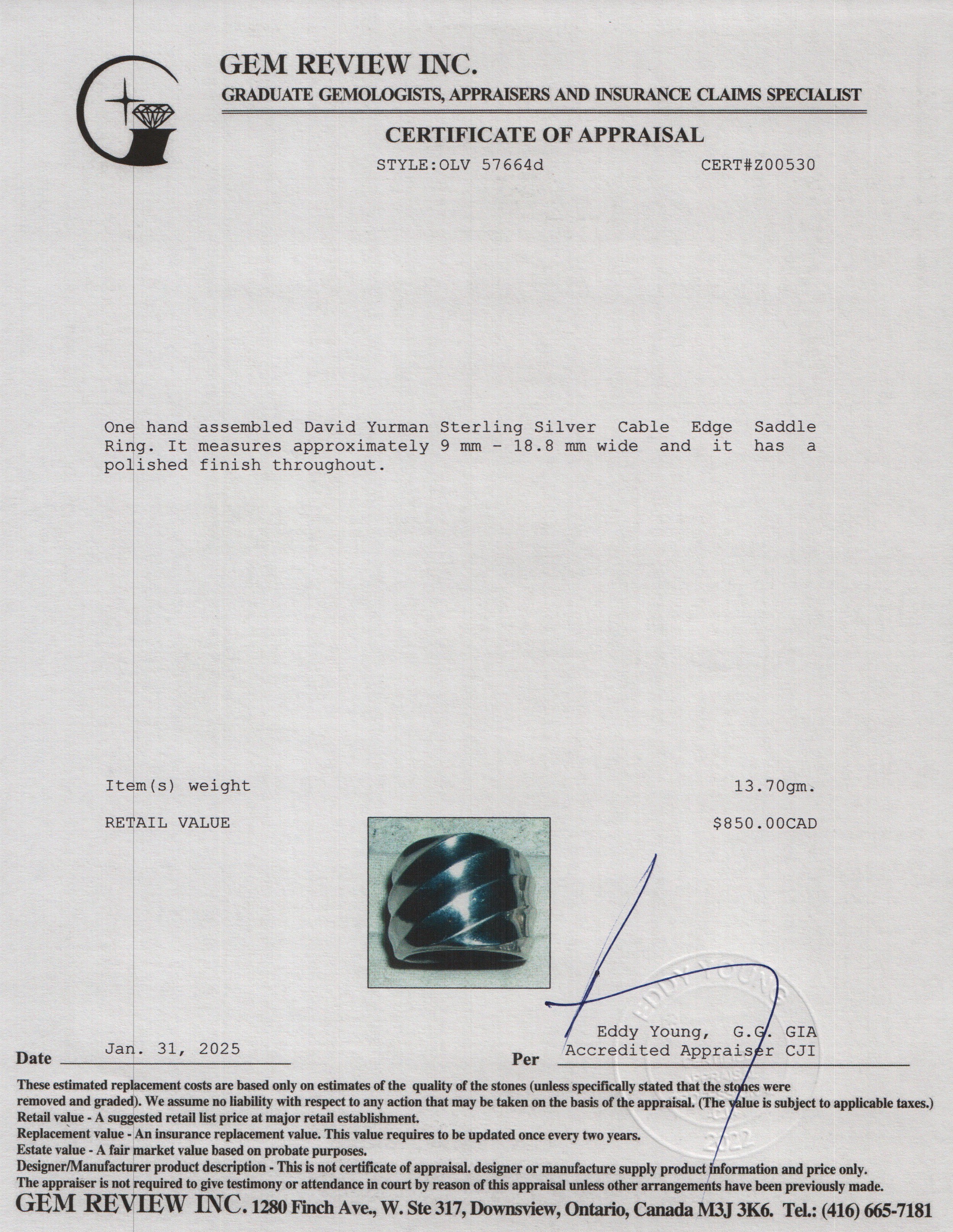 David Yurman Sterling Silver Cable Edge Saddle 18.8 MM Ring, Size 7