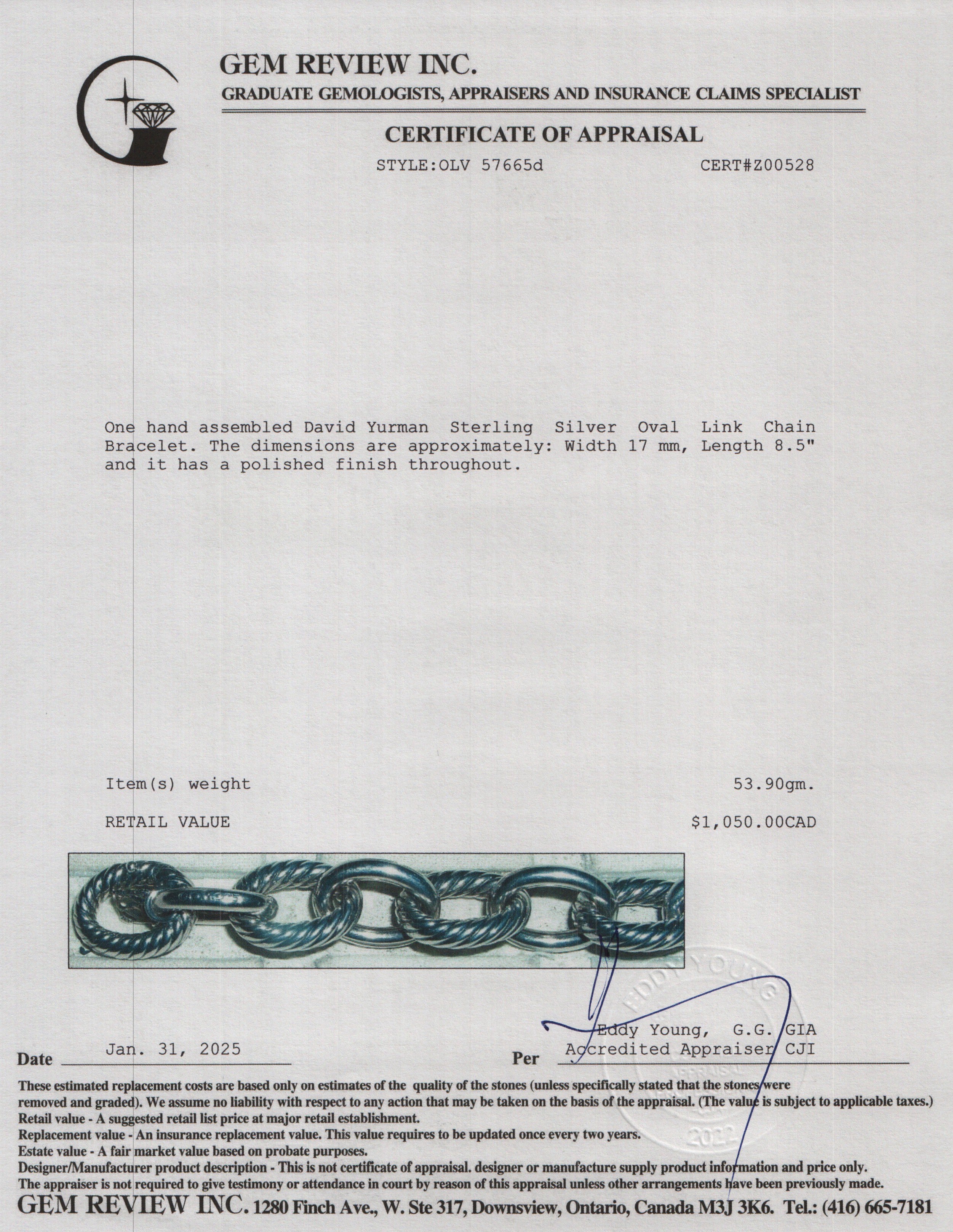 David Yurman Sterling Silver Oval Link Chain Bracelet, 17 MM w/ Box