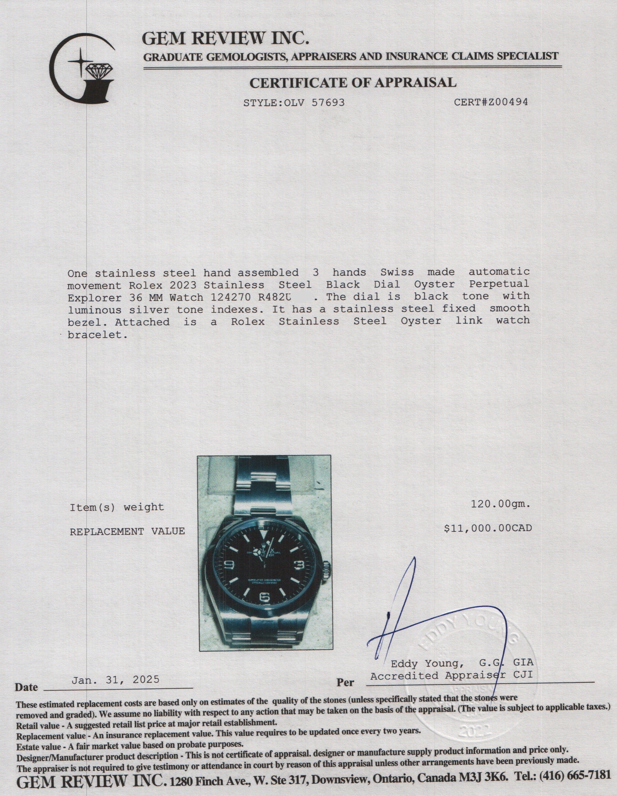 Rolex 2023 Stainless Steel Black Dial Oyster Perpetual Explorer 36 MM Watch 124270 w/ Box & Papers