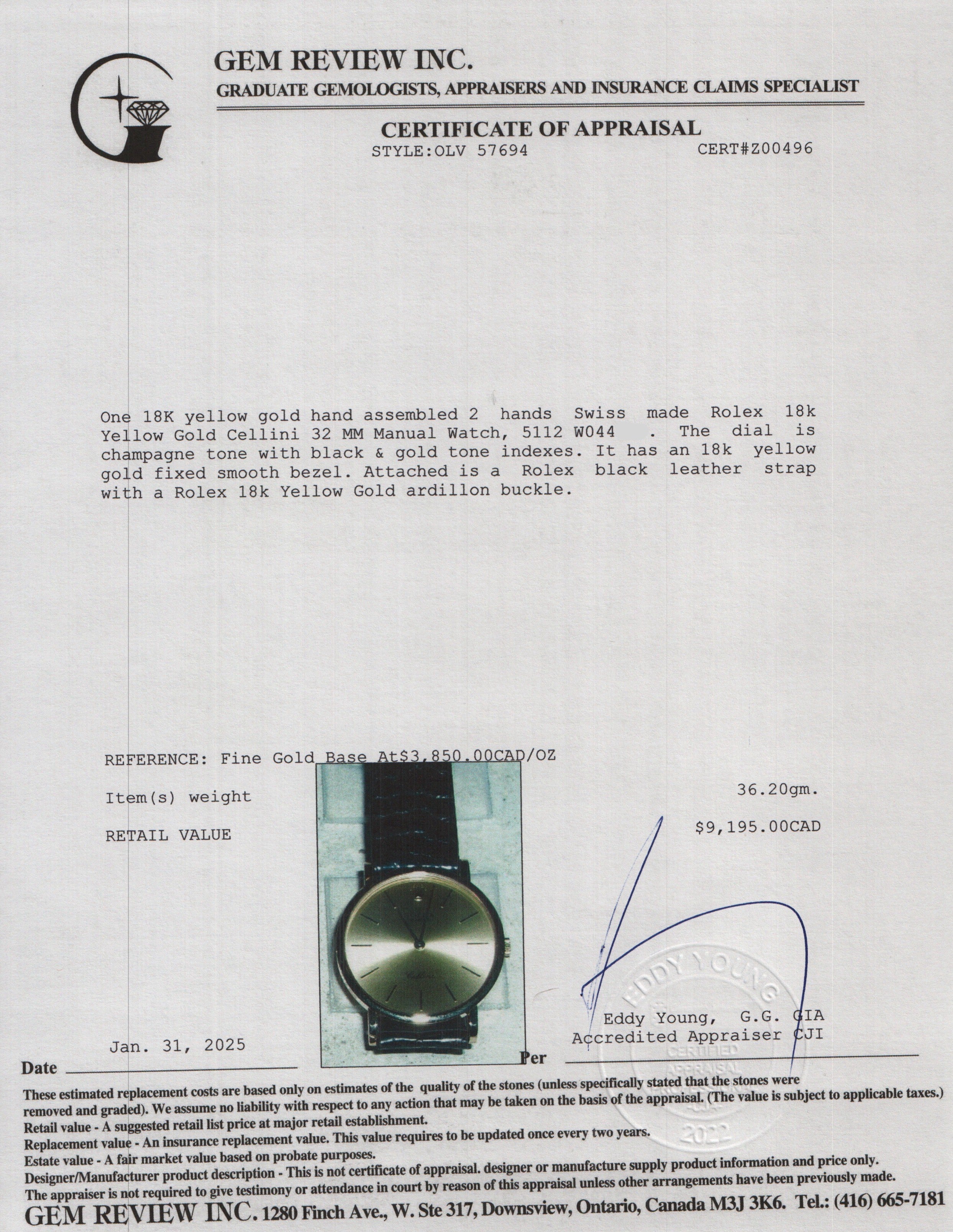 Rolex 18k Yellow Gold Cellini 32 MM Manual Watch 5112 w/ Box & Papers