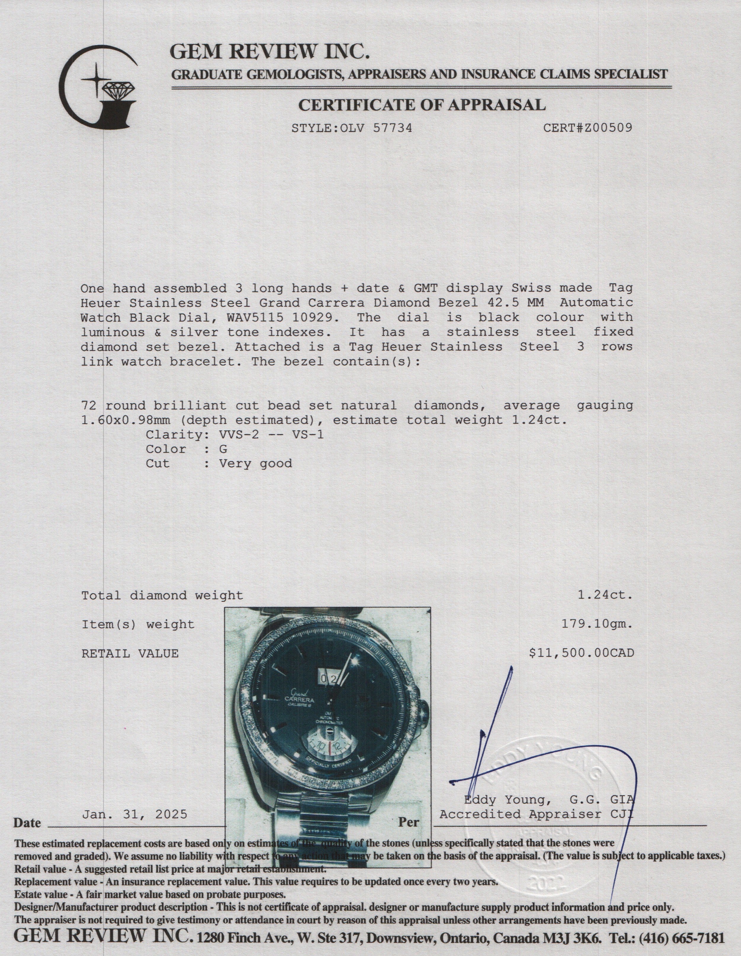 Tag Heuer Stainless Steel Grand Carrera Diamond Bezel 42.5 MM Automatic Watch Black Dial WAV5115