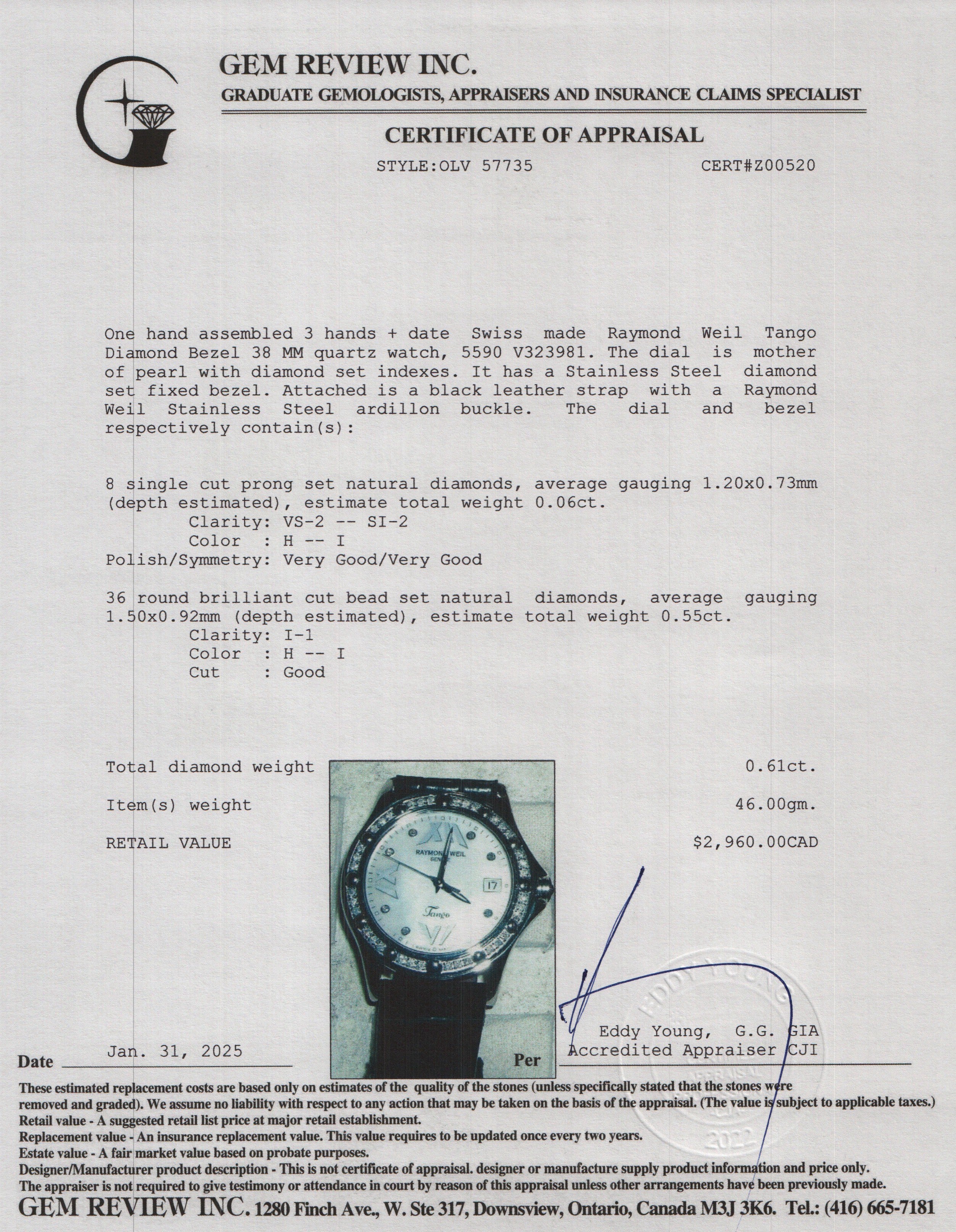 Raymond Weil Stainless Steel Tango Diamond Bezel Mother of Pearl Diamond Dial 38 MM Quartz Watch