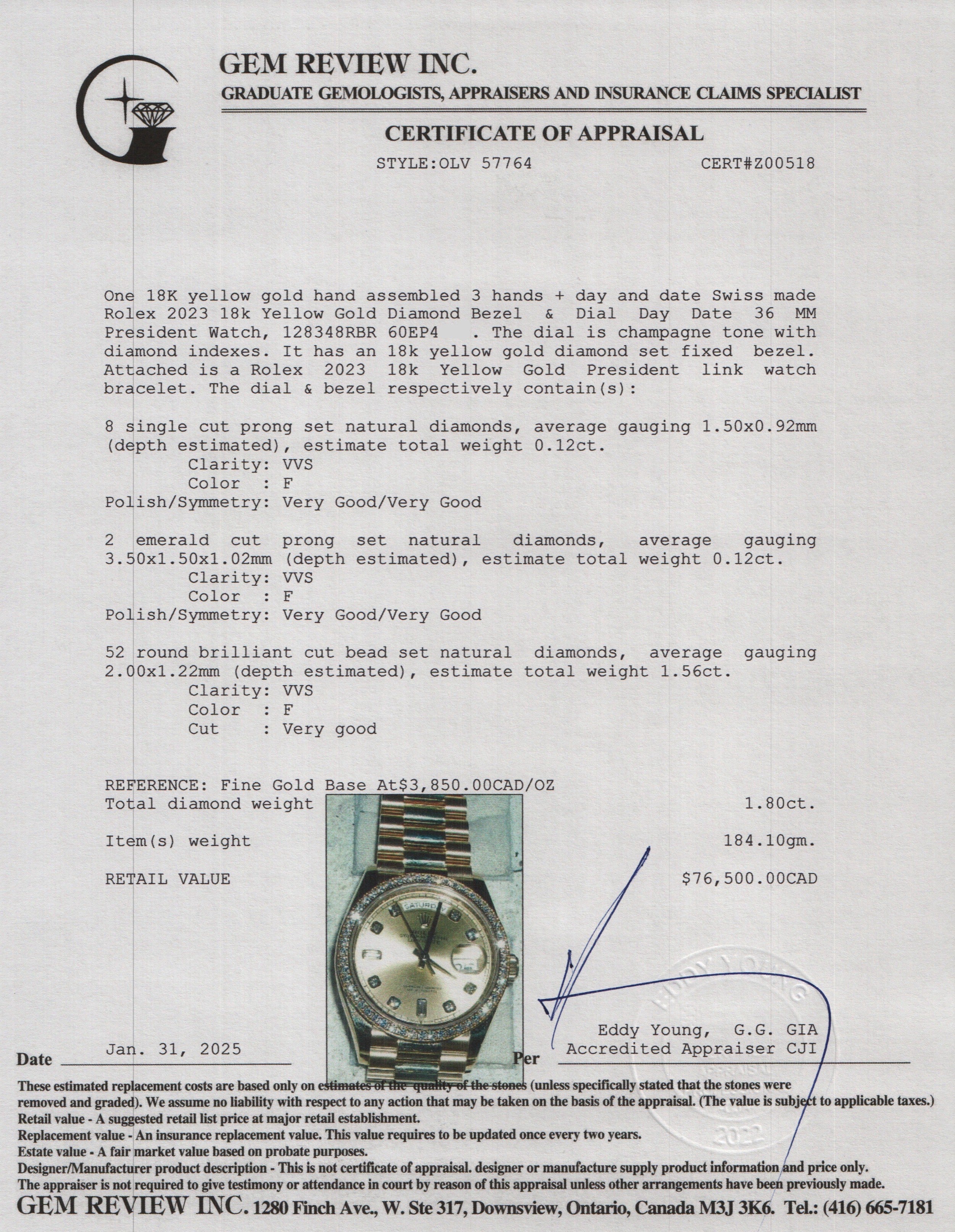 Rolex 2023 18k Yellow Gold Diamond Bezel & Dial Day Date 36 MM President Watch 128348RBR w/ Box & Papers