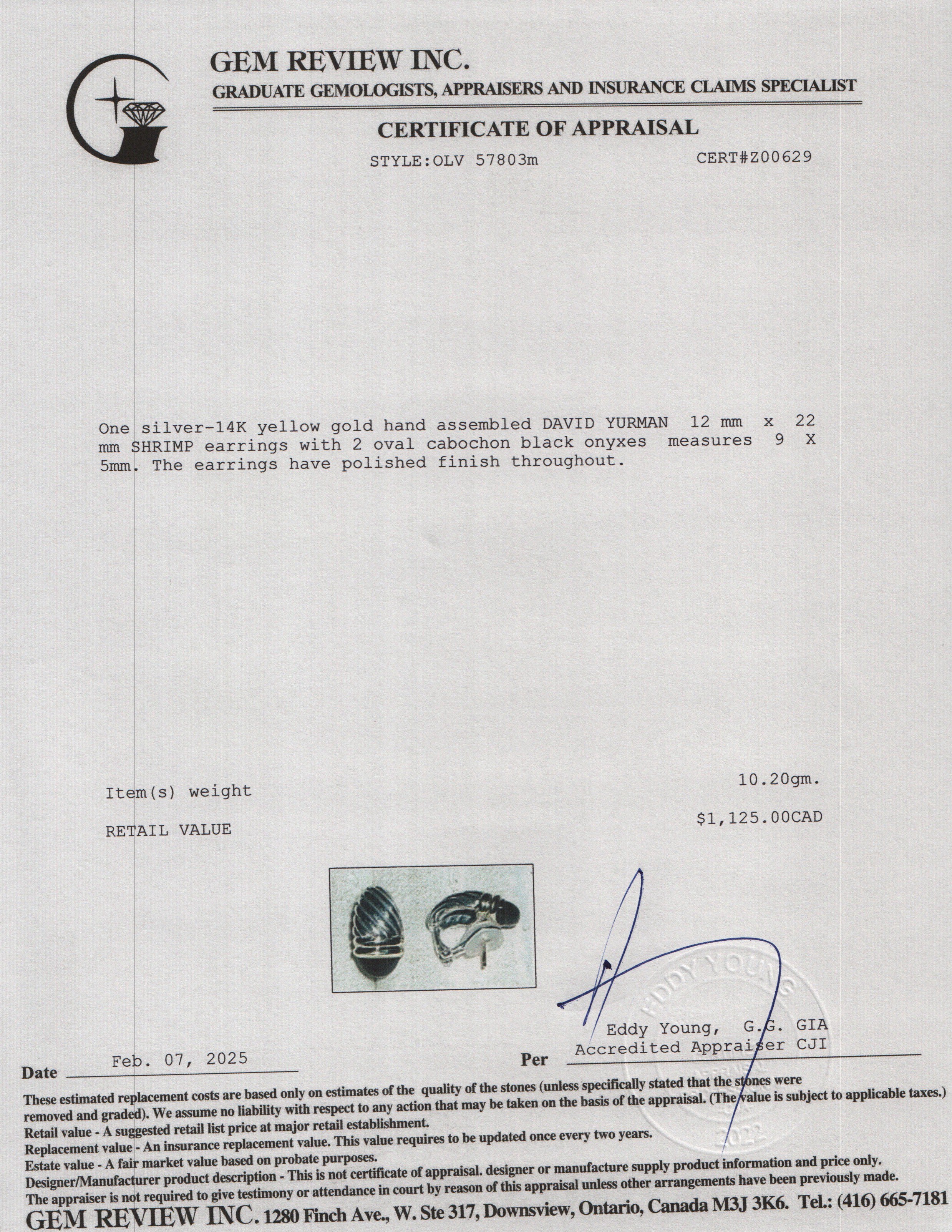 David Yurman Sterling Silver & 14k Yellow Gold Black Onyx Cable Shrimp Earrings