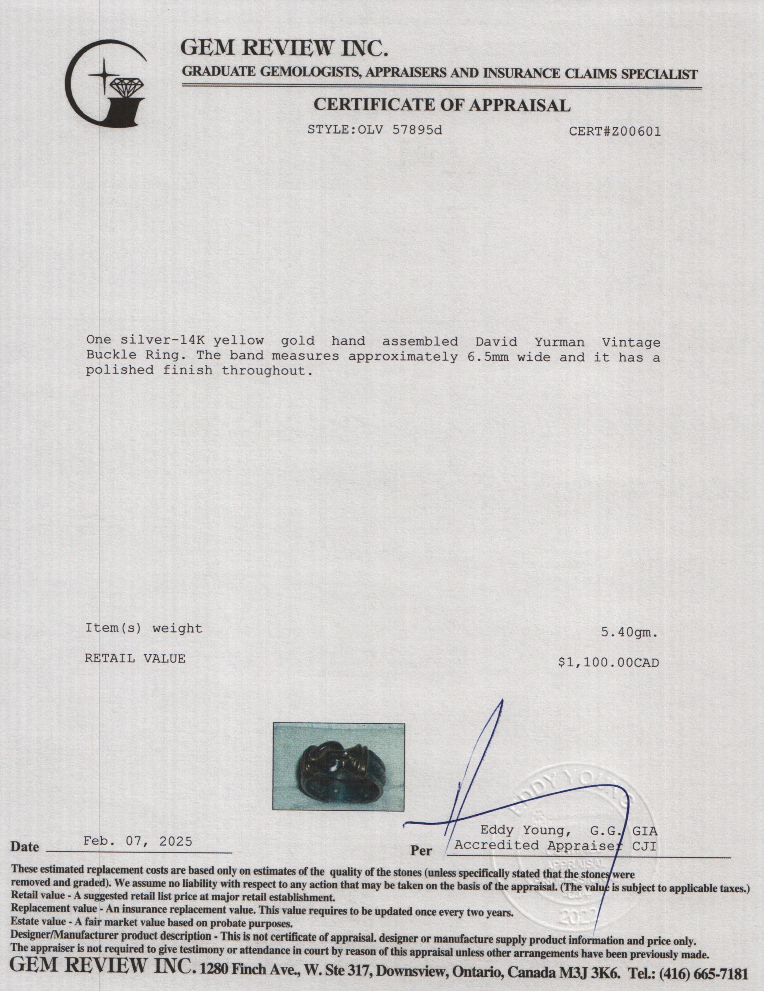 David Yurman Vintage Sterling Silver & 14k Yellow Gold Buckle Ring, Size 6