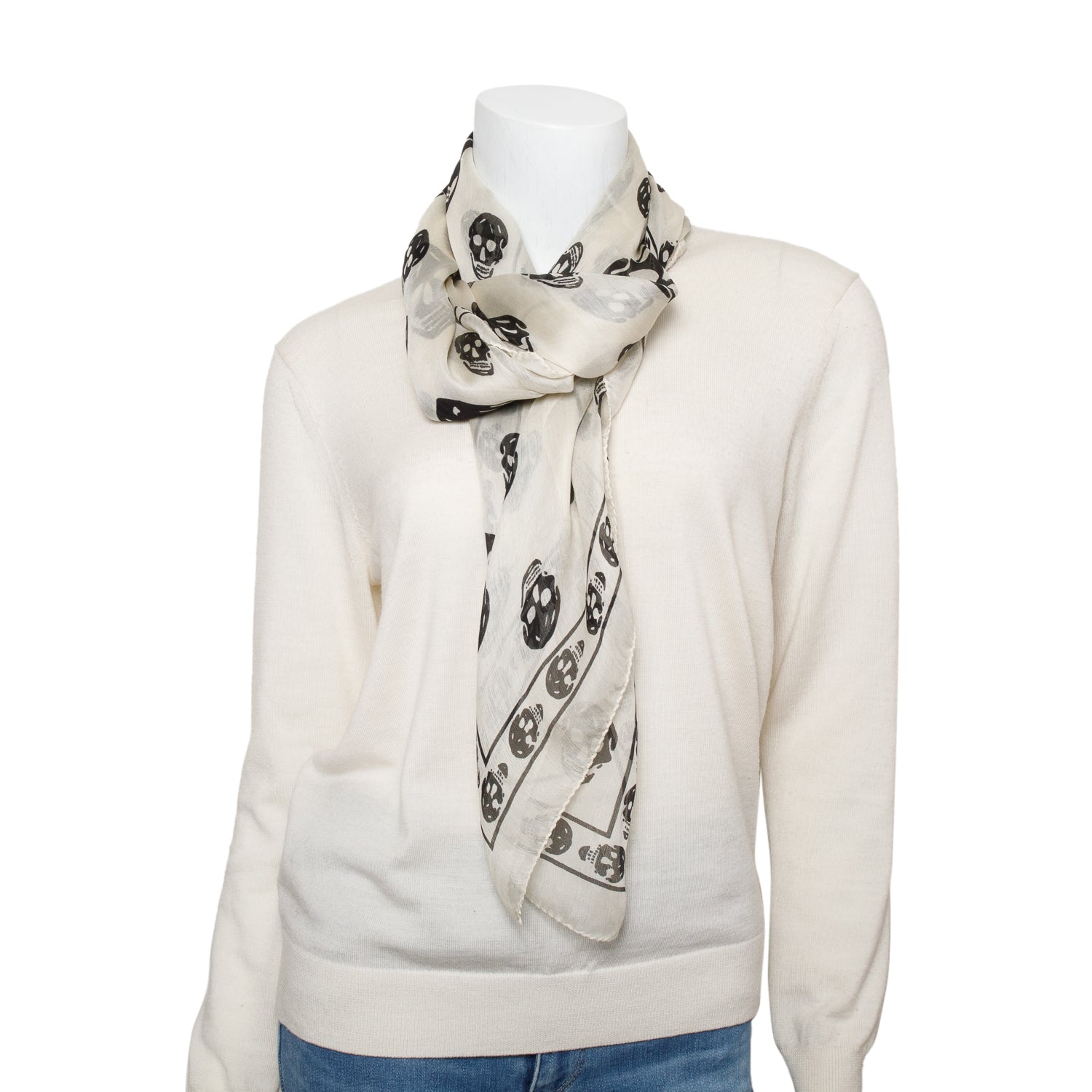 Alexander McQueen White/Black Skull Printed Silk Scarf