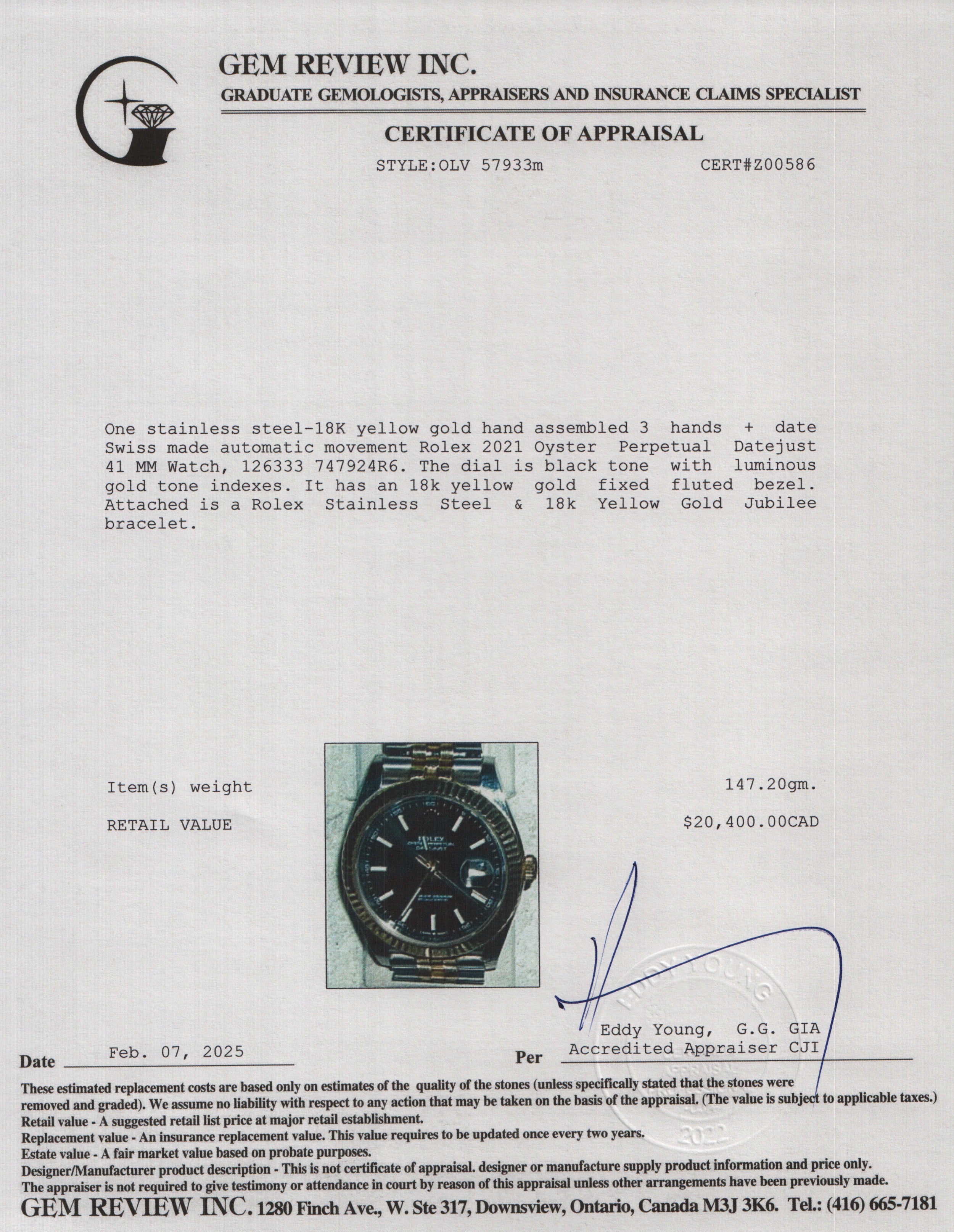 Rolex 2021 Stainless Steel & 18k Yellow Gold Oyster Perpetual Datejust 41 MM Watch Black Dial 126333 w/ Box & Papers