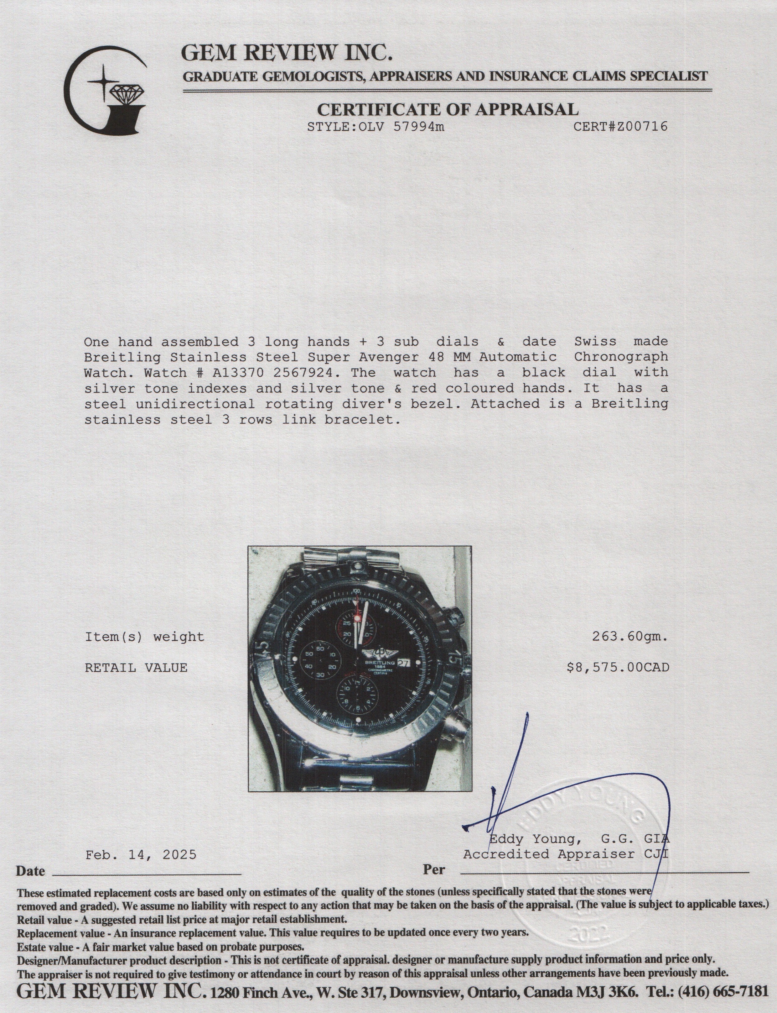 Breitling Stainless Steel Super Avenger 48 MM Automatic Chronograph Watch Black Dial A13370 w/ Box & Papers