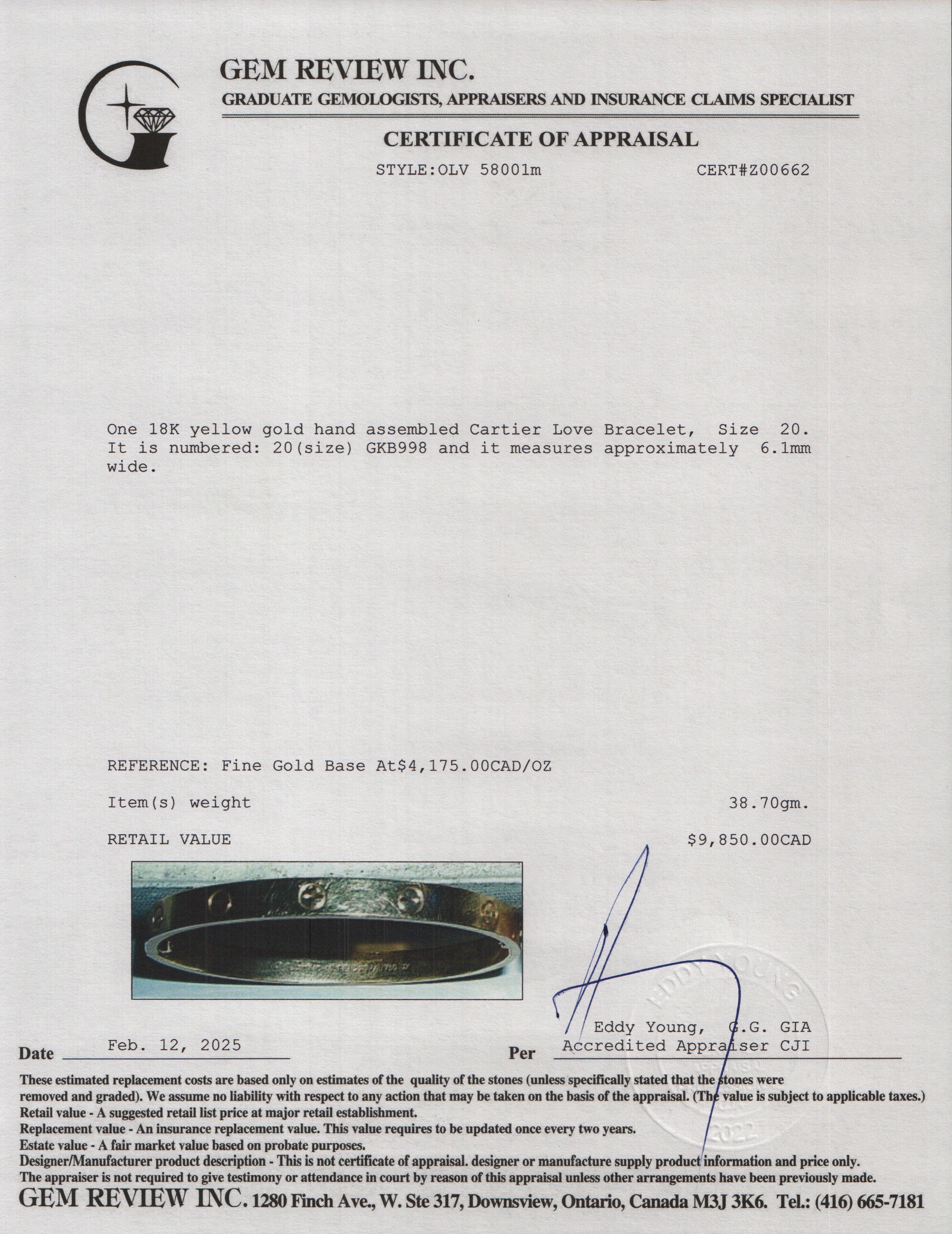 Cartier 18k Yellow Gold Love Bracelet, Size 20 w/ Box