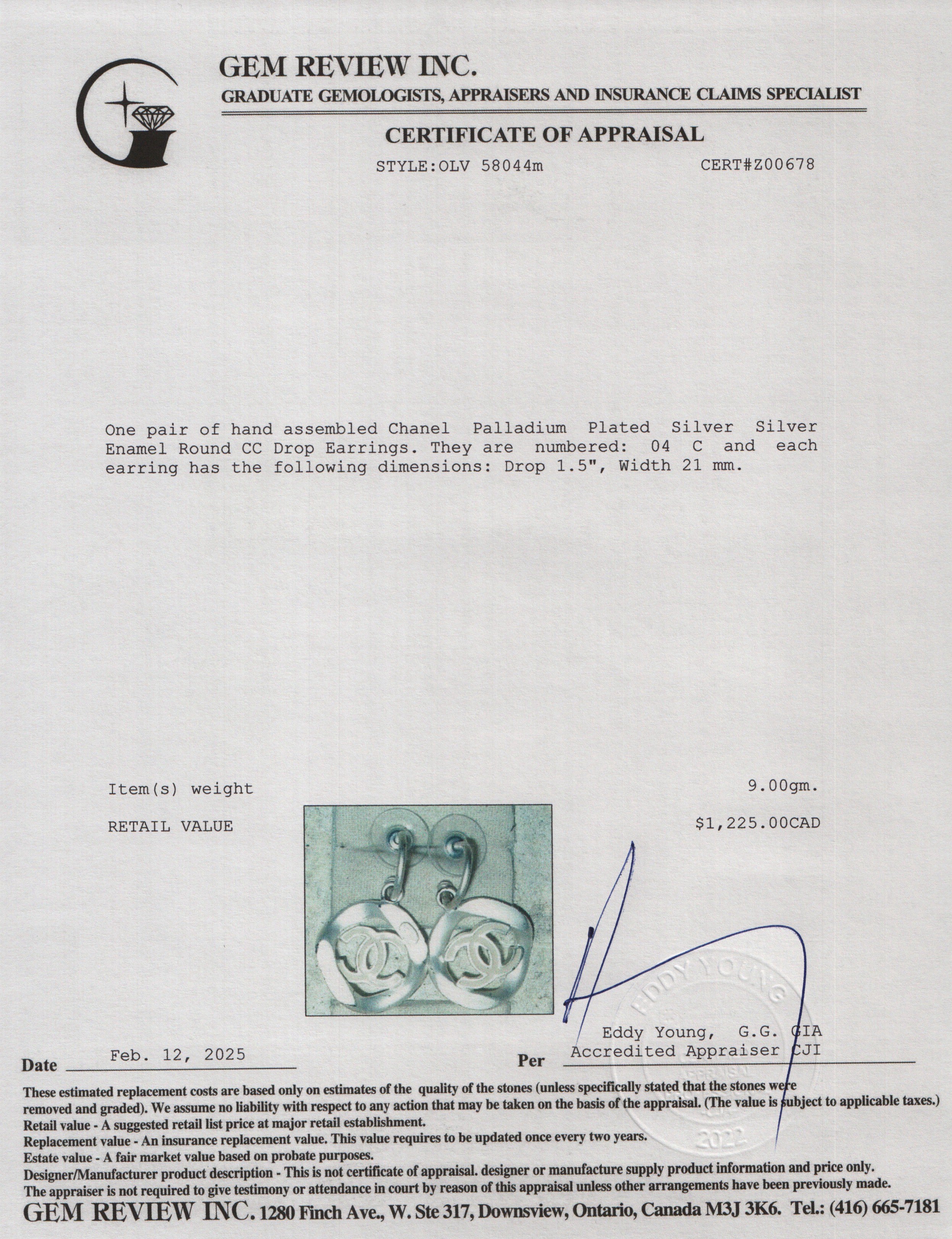 Chanel Palladium Plated Silver Enamel Round CC Drop Earrings