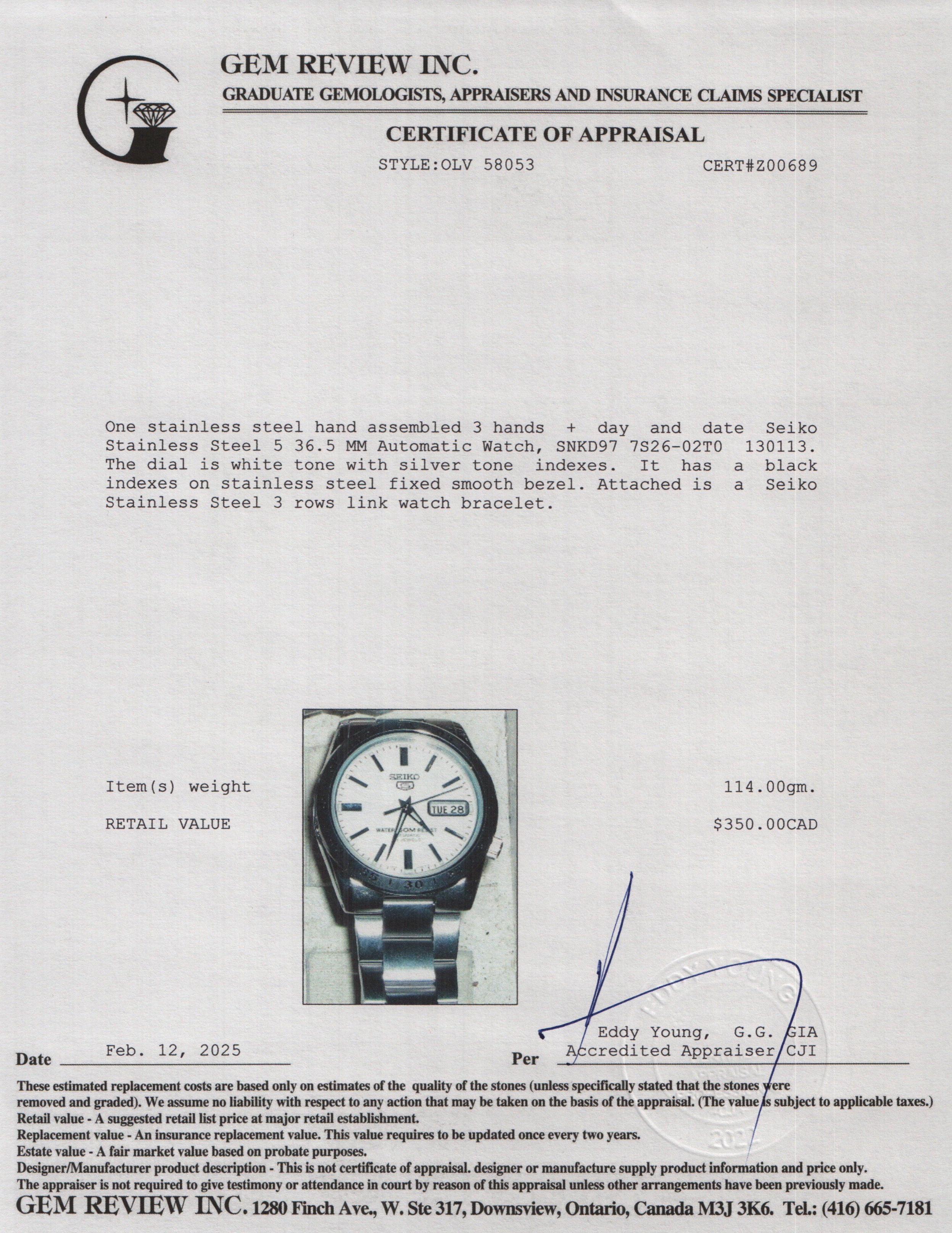 Seiko Stainless Steel 5 36.5 MM Automatic Watch White Dial w/ Box & Papers