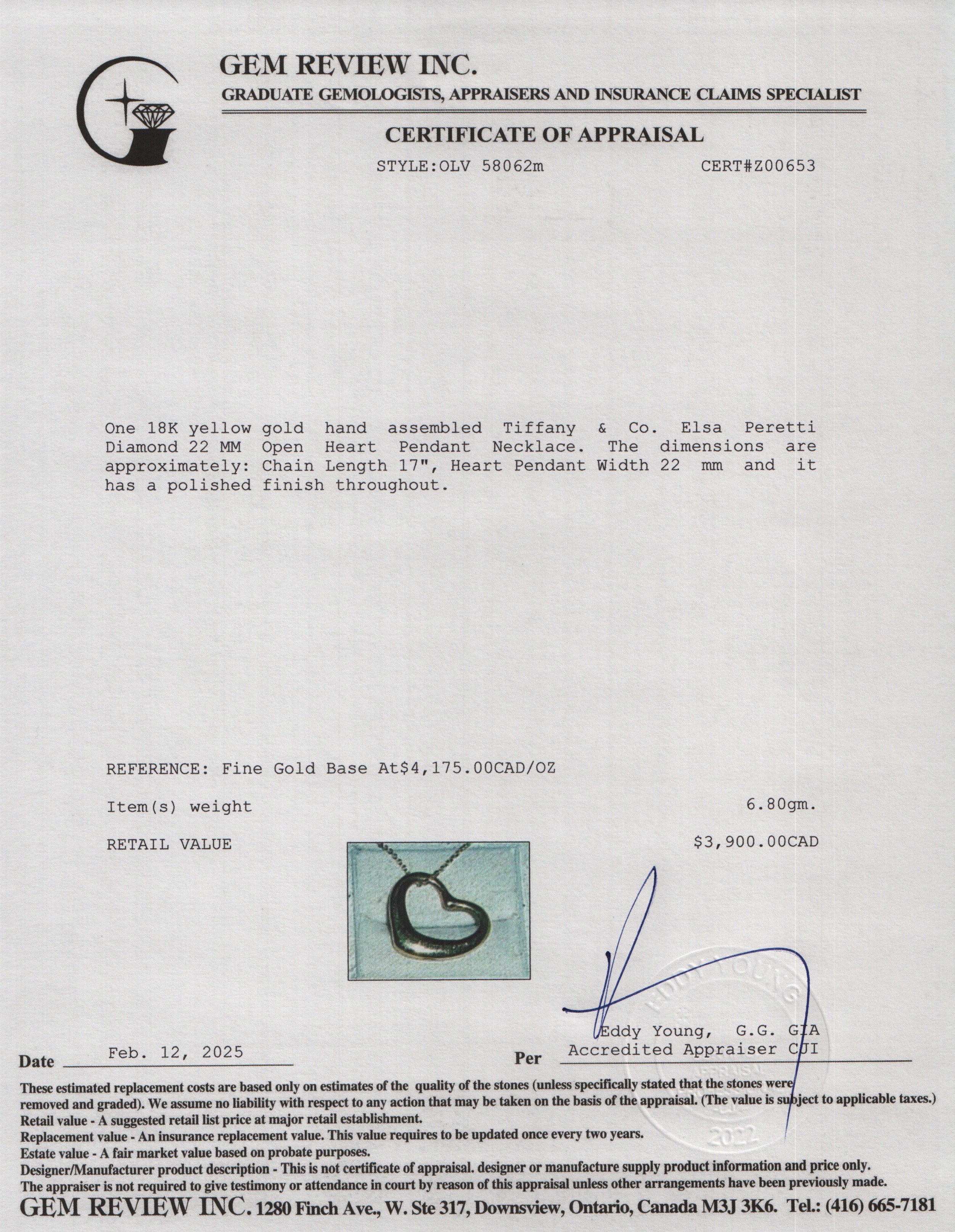 Tiffany & Co. Elsa Peretti 18k Yellow Gold Diamond 22 MM Open Heart Pendant Necklace w/ Box