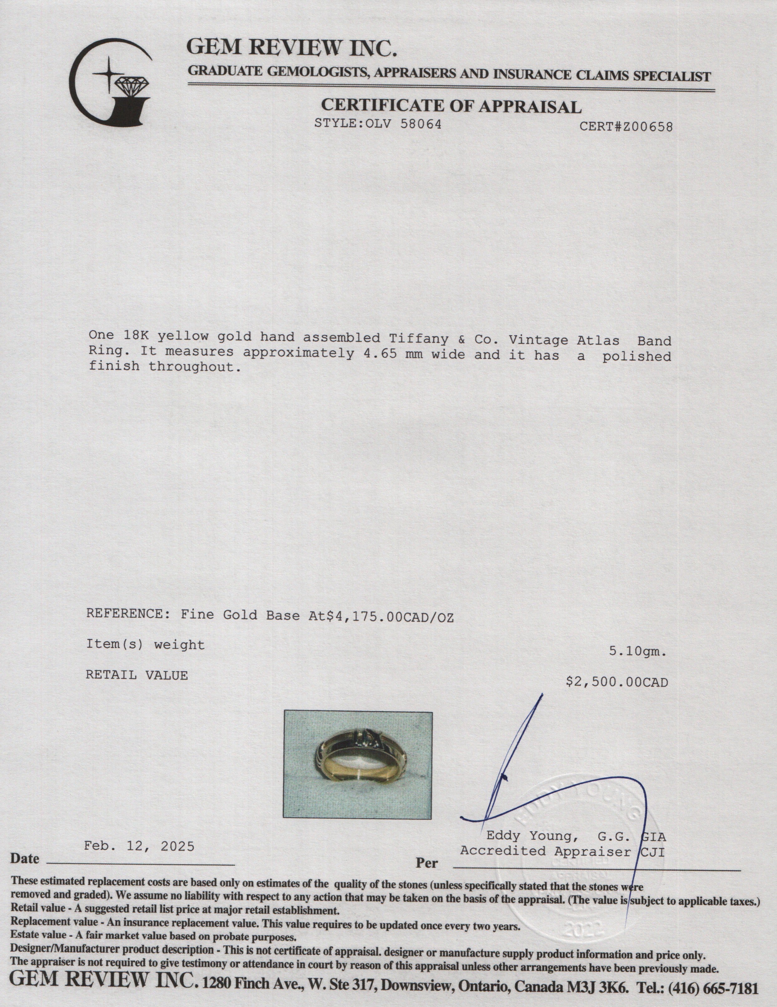 Tiffany & Co. Vintage 18k Yellow Gold Atlas Band Ring, Size 5