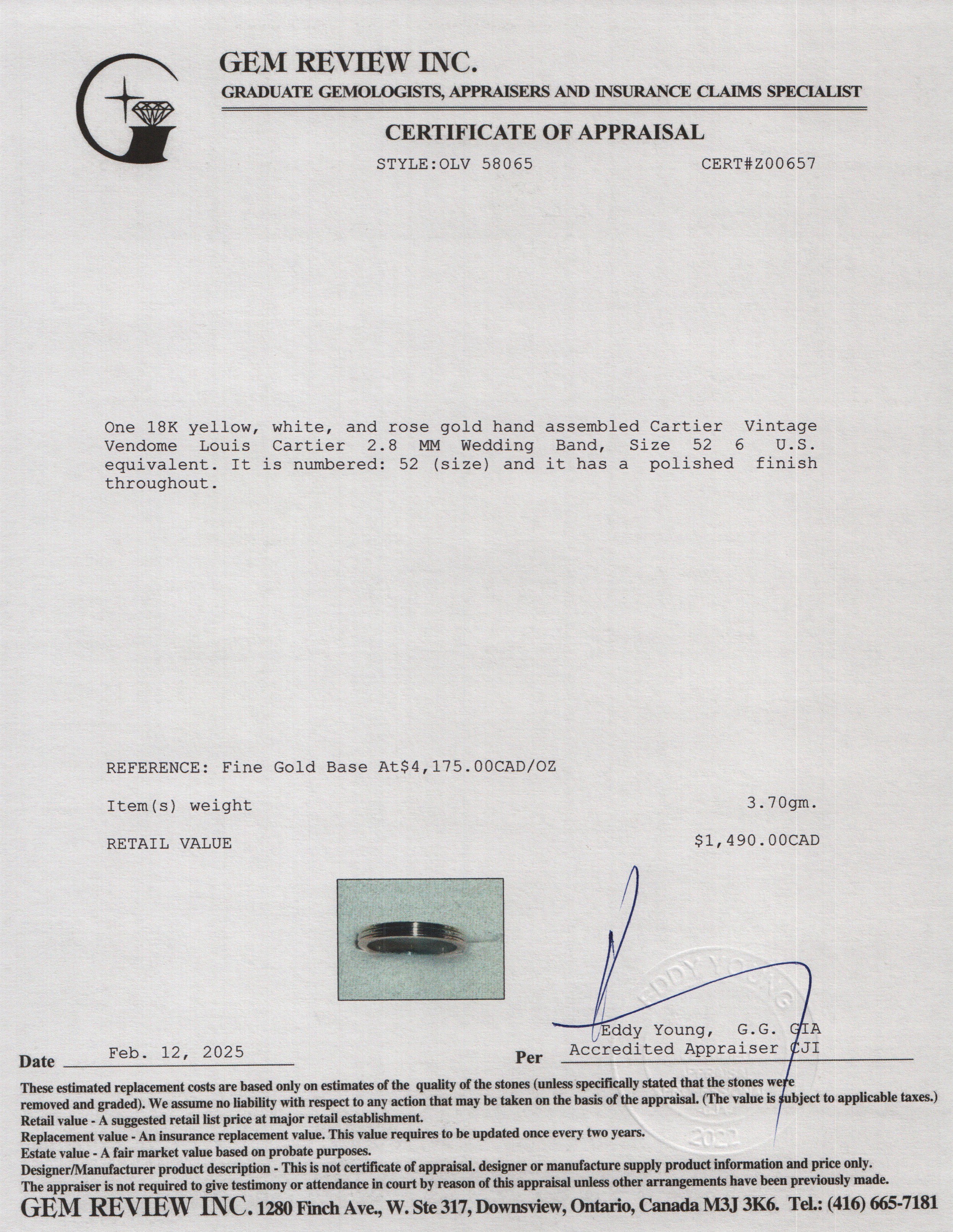 Cartier Vintage 18k Yellow, White & Rose Gold Vendome Louis Cartier 2.8 MM Wedding Band, Size 52 6