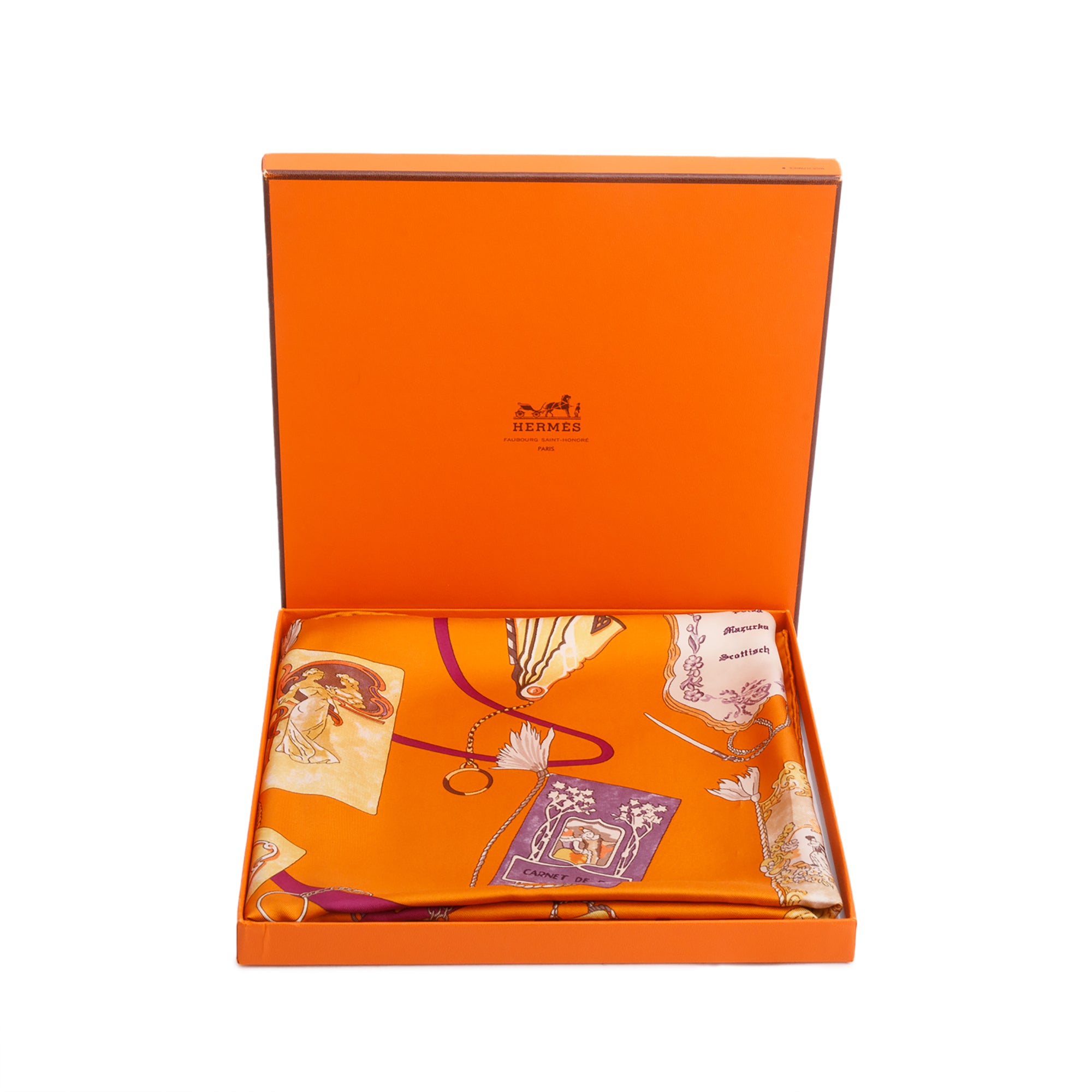 Hermes Orange'Carnet De Bal' Silk Scarf 90 w/ Box
