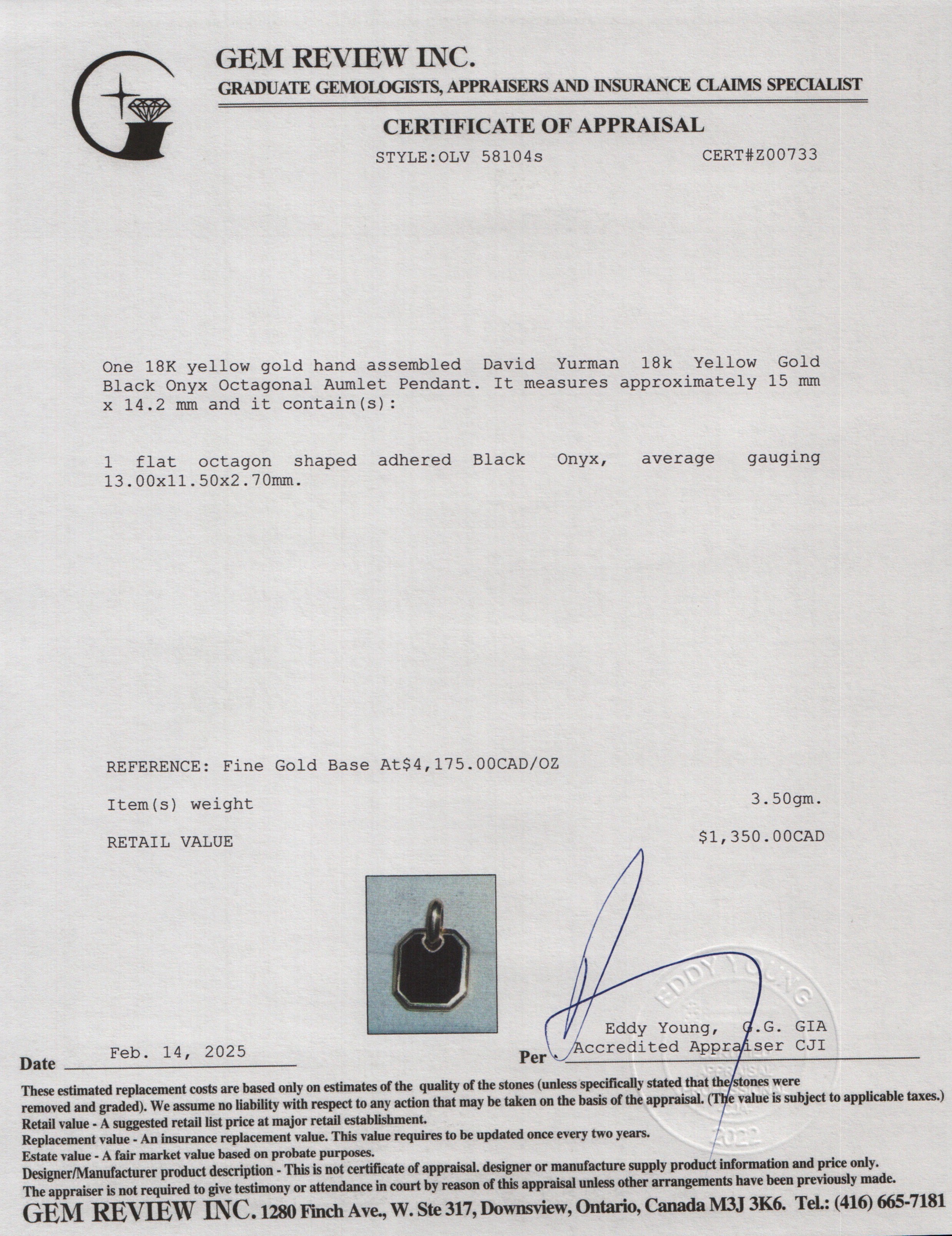 David Yurman 18k Yellow Gold Black Onyx Octagonal Aumlet Pendant, 15 MM