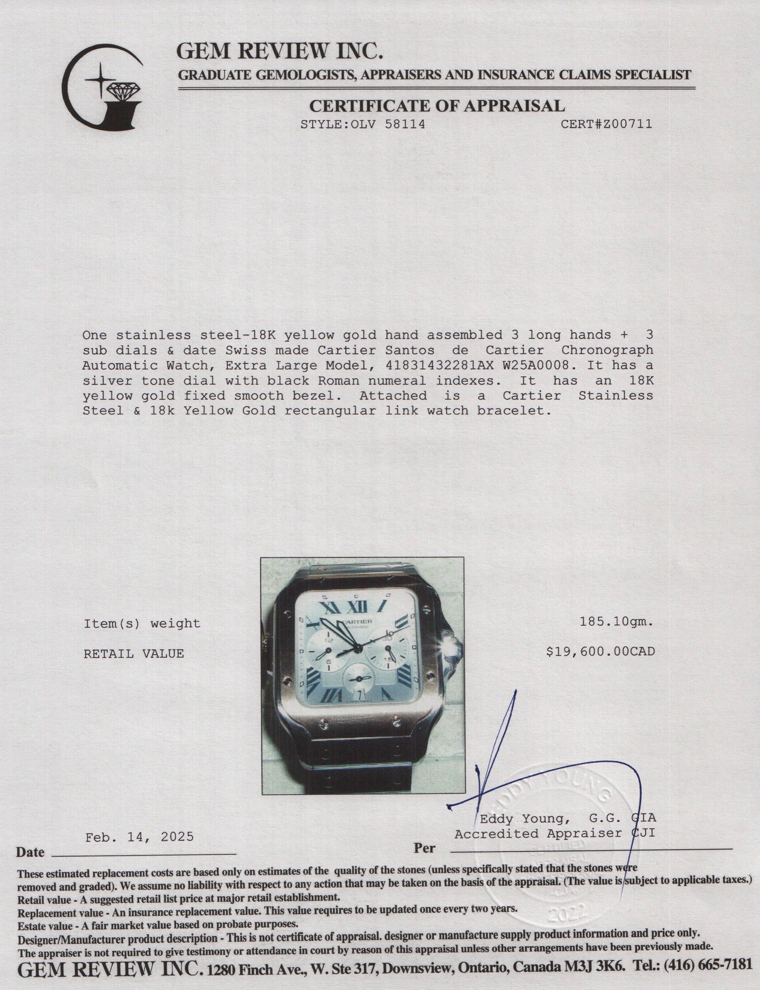 Cartier Stainless Steel & 18k Yellow Gold Santos de Cartier Chronograph Automatic Watch, Extra Large Model 4183 w/ Box, Papers & Extra Straps