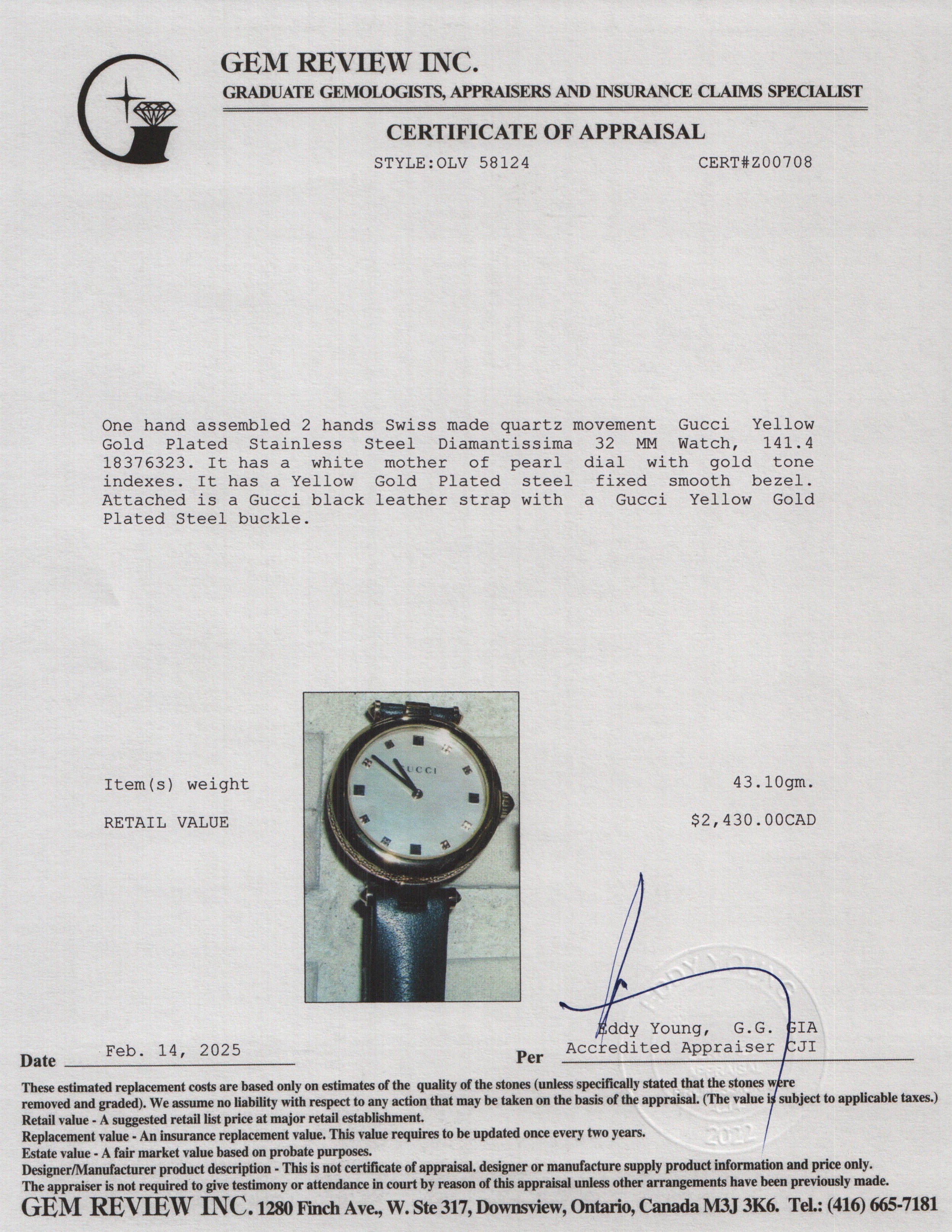 Gucci Yellow Gold Plated Stainless Steel Diamantissima 32 MM Watch Mother of Pearl Dial w/ Box