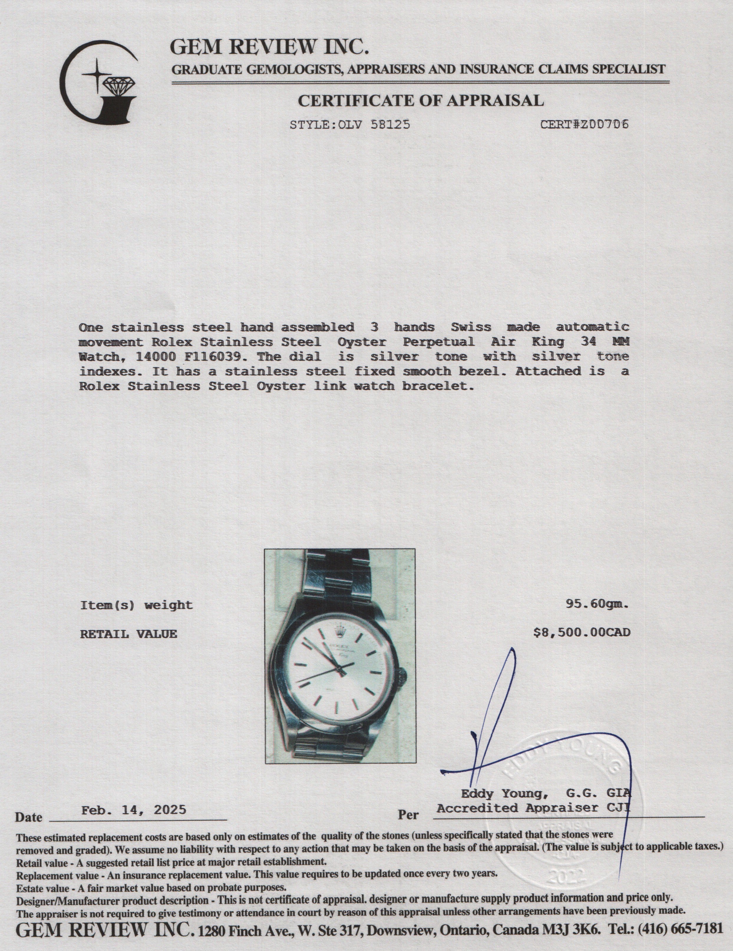 Rolex Stainless Steel Oyster Perpetual Air King 34 MM Watch 14000