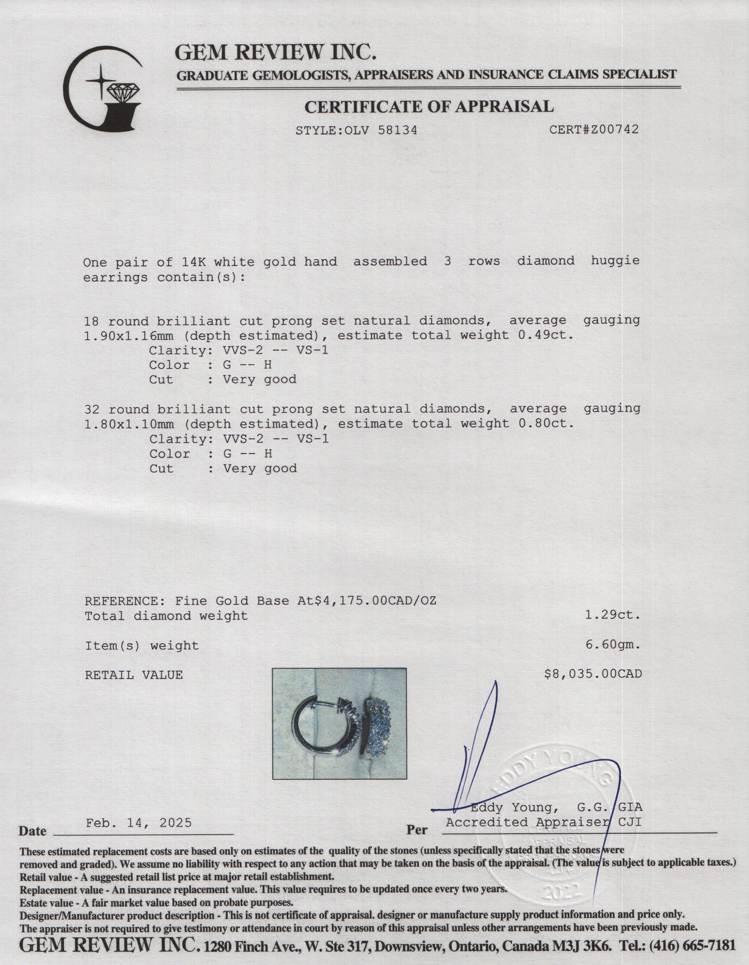 14k White Gold Diamond Huggie Earrings