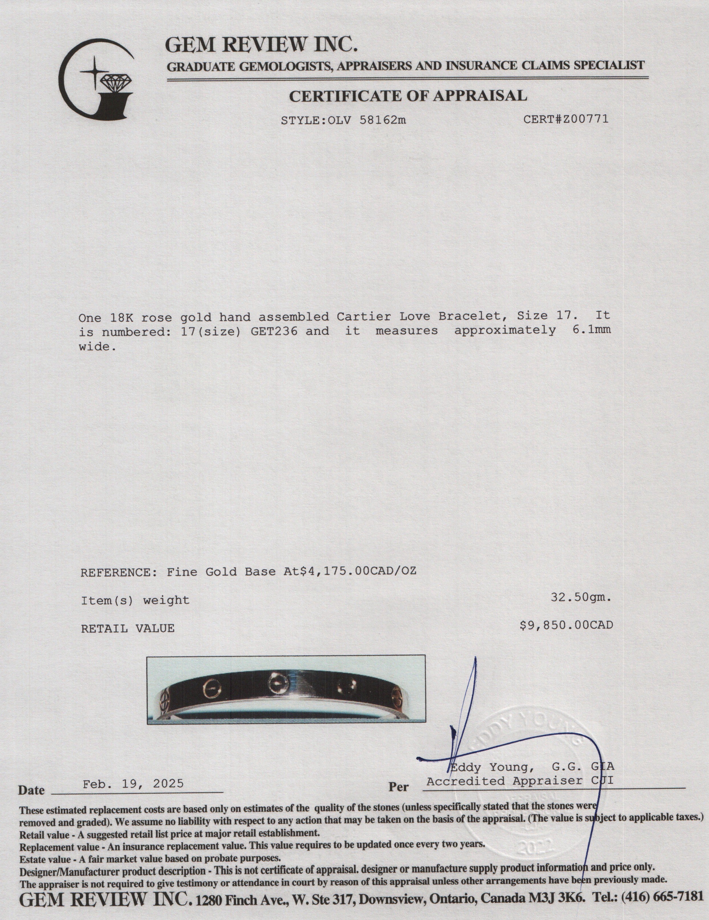 Cartier 18k Rose Gold Love Bracelet, Size 17 w/ Box, Receipt & Certificate