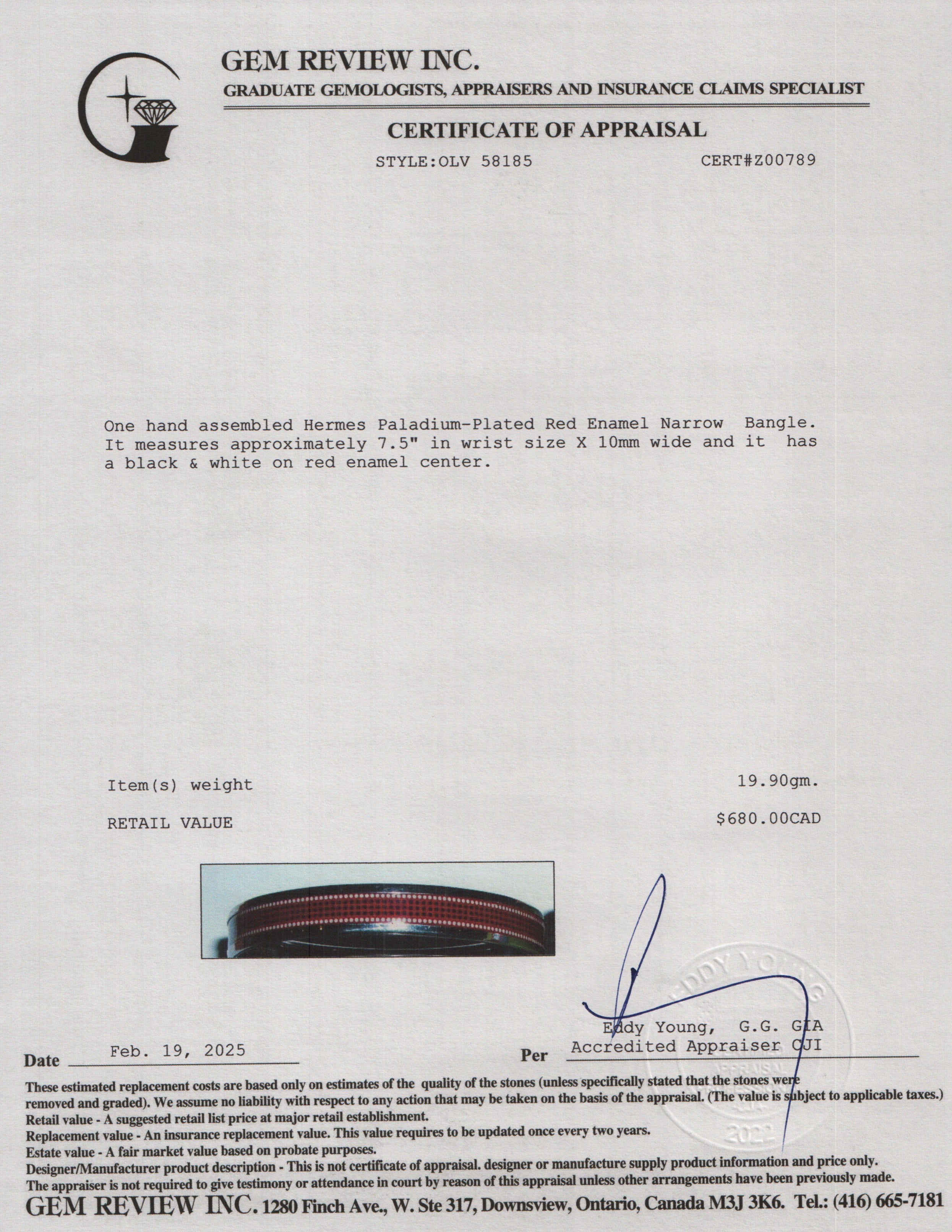 Hermes Paladium-Plated Red Enamel Narrow Bangle