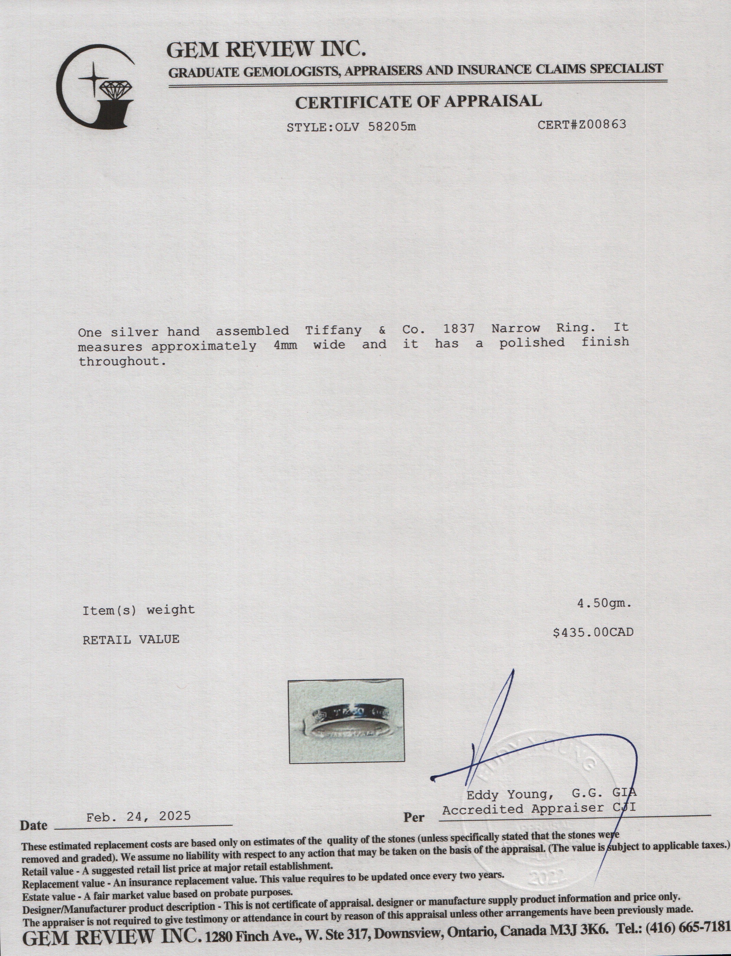 Tiffany & Co. Sterling Silver 1837 Narrow Ring, Size 9.25