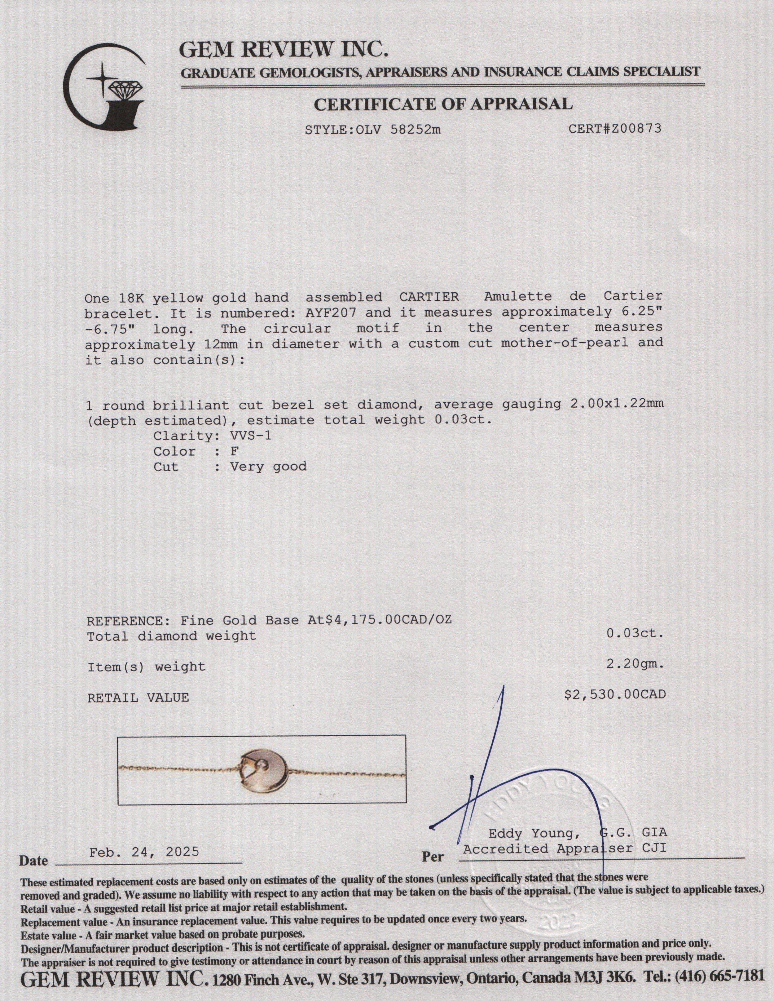 Cartier 18k Yellow Gold Mother of Pearl & Diamond Amulette de Cartier Bracelet, XS Model w/ Certificate