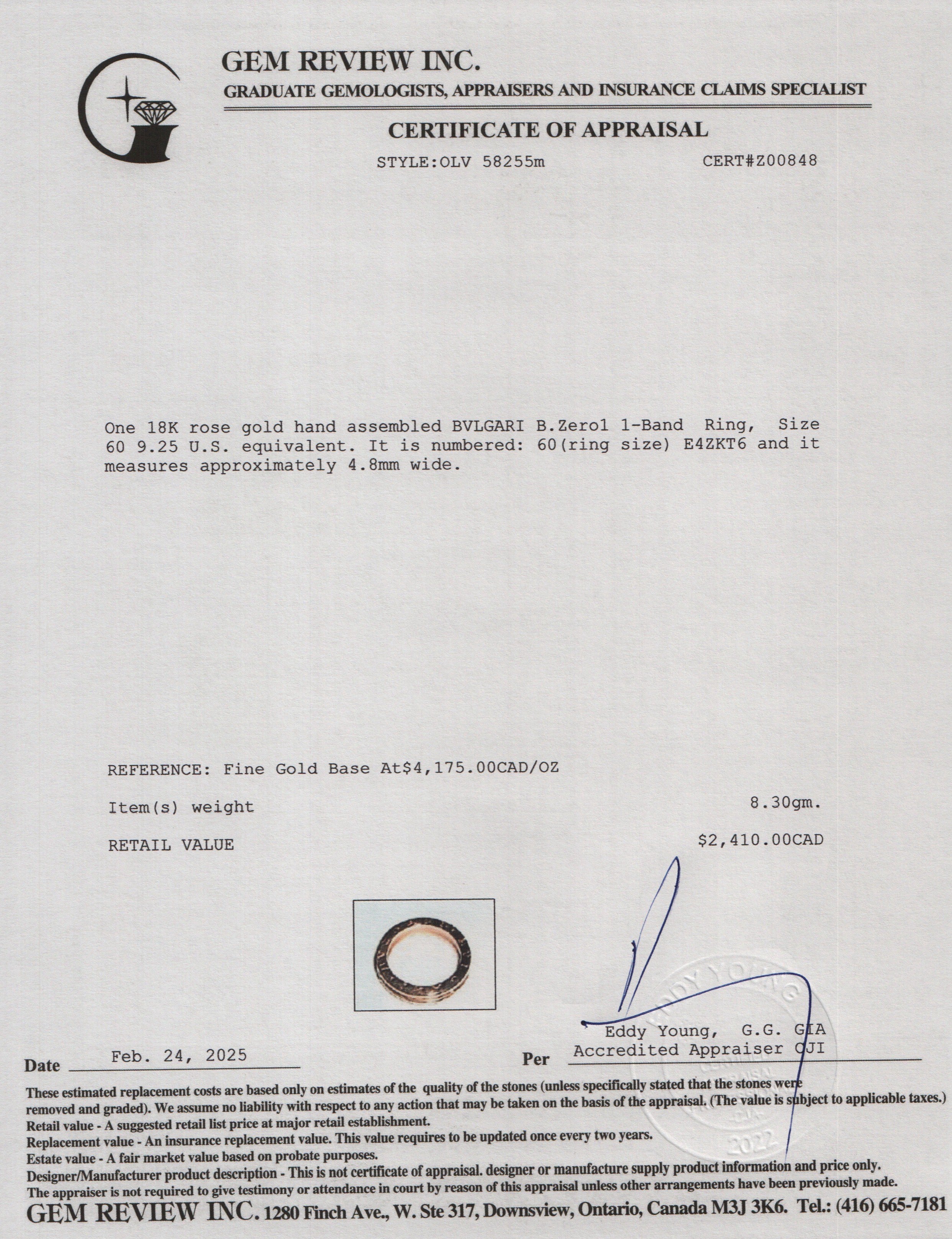 BVLGARI 18k Rose Gold B.Zero1 1-Band Ring, Size 60 9.25