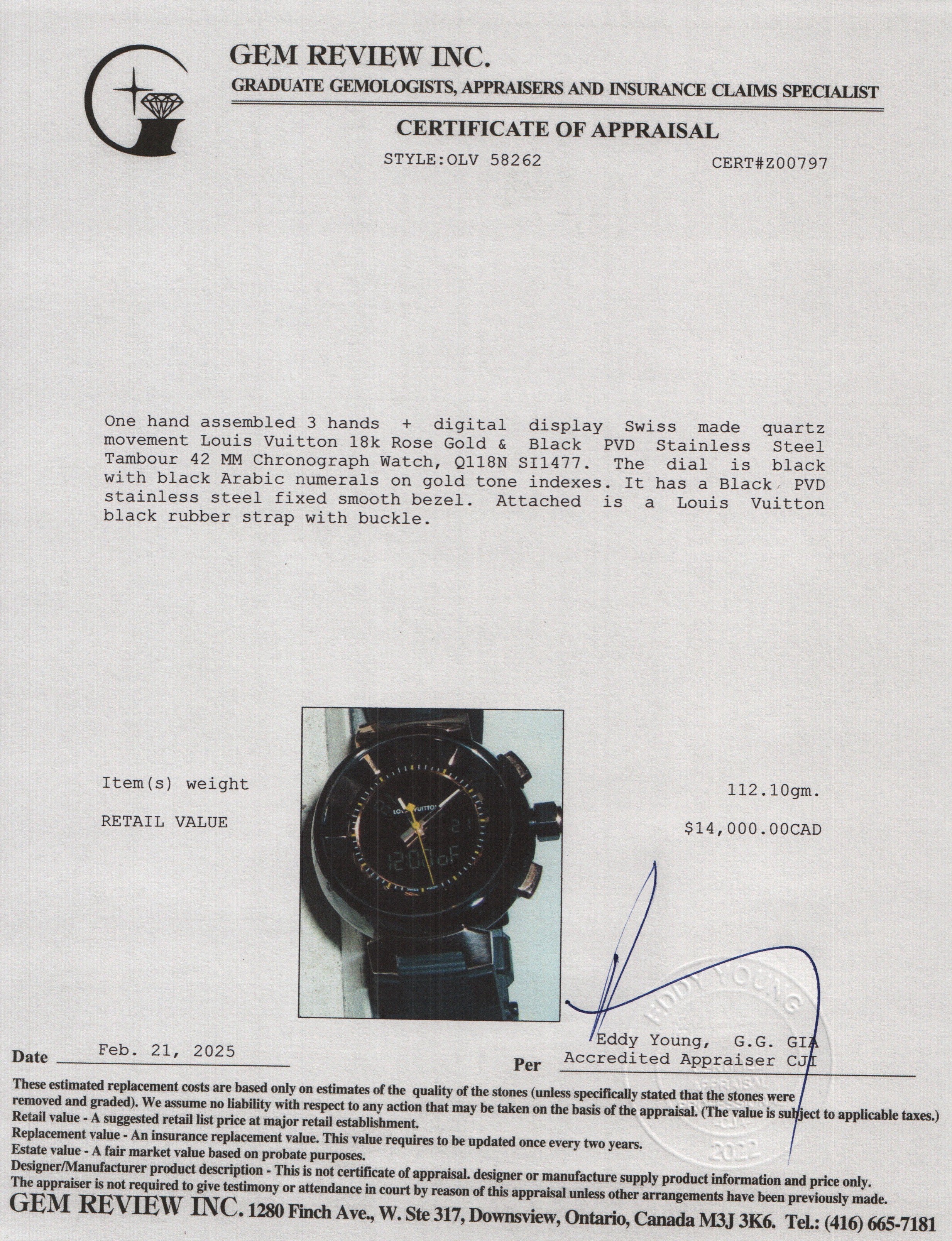 Louis Vuitton 18k Rose Gold & Black PVD Stainless Steel Tambour 42 MM Chronograph Watch Q118N w/ Box & Papers