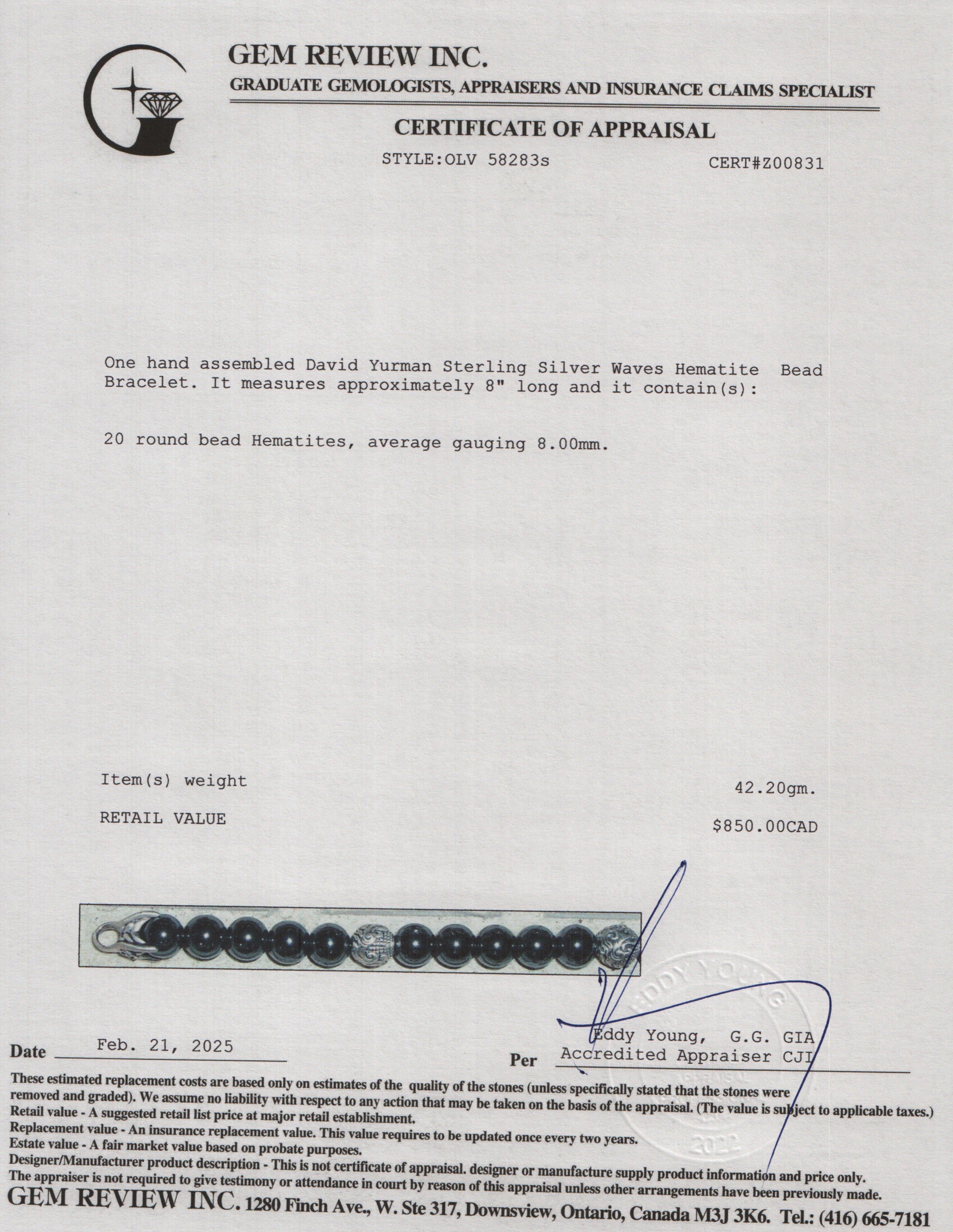 David Yurman Sterling Silver Waves Hematite 8 MM Bead Bracelet