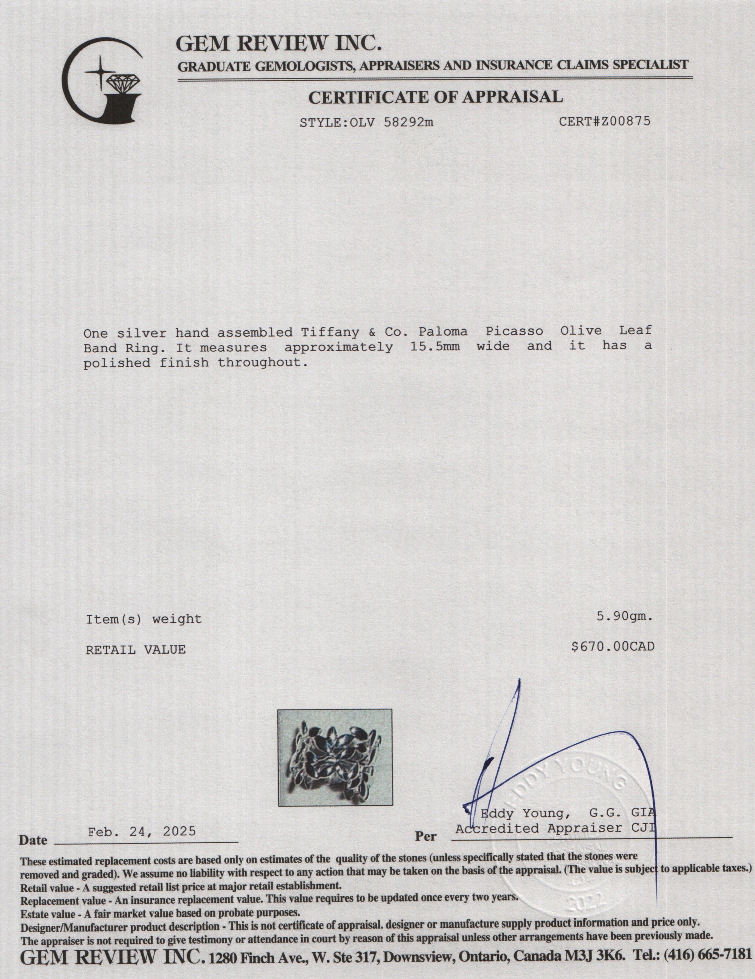 Tiffany & Co. Paloma Picasso Olive Leaf Band Ring, Size 7