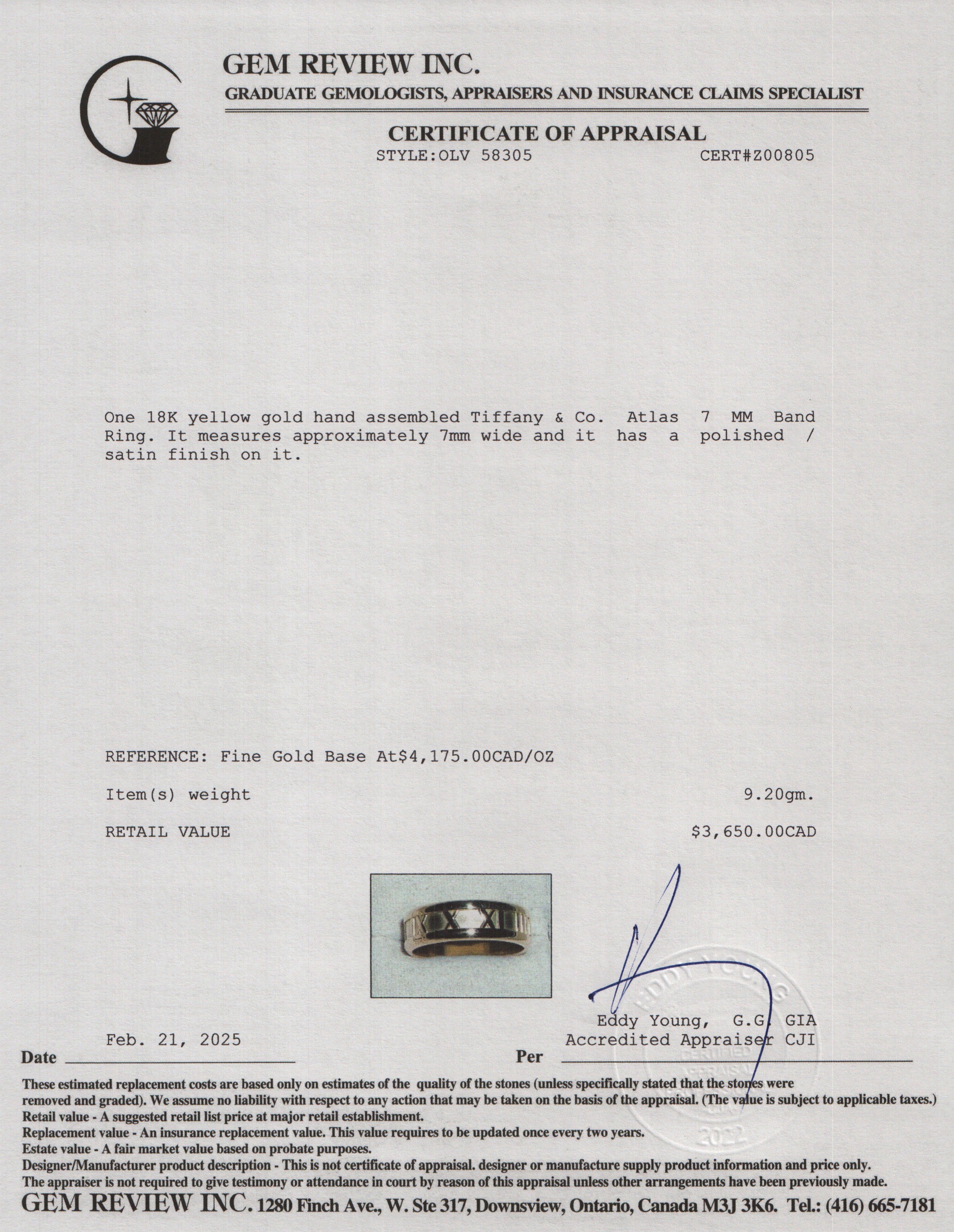 Tiffany & Co. 18k Yellow Gold Atlas 7 MM Band Ring, Size 9.5