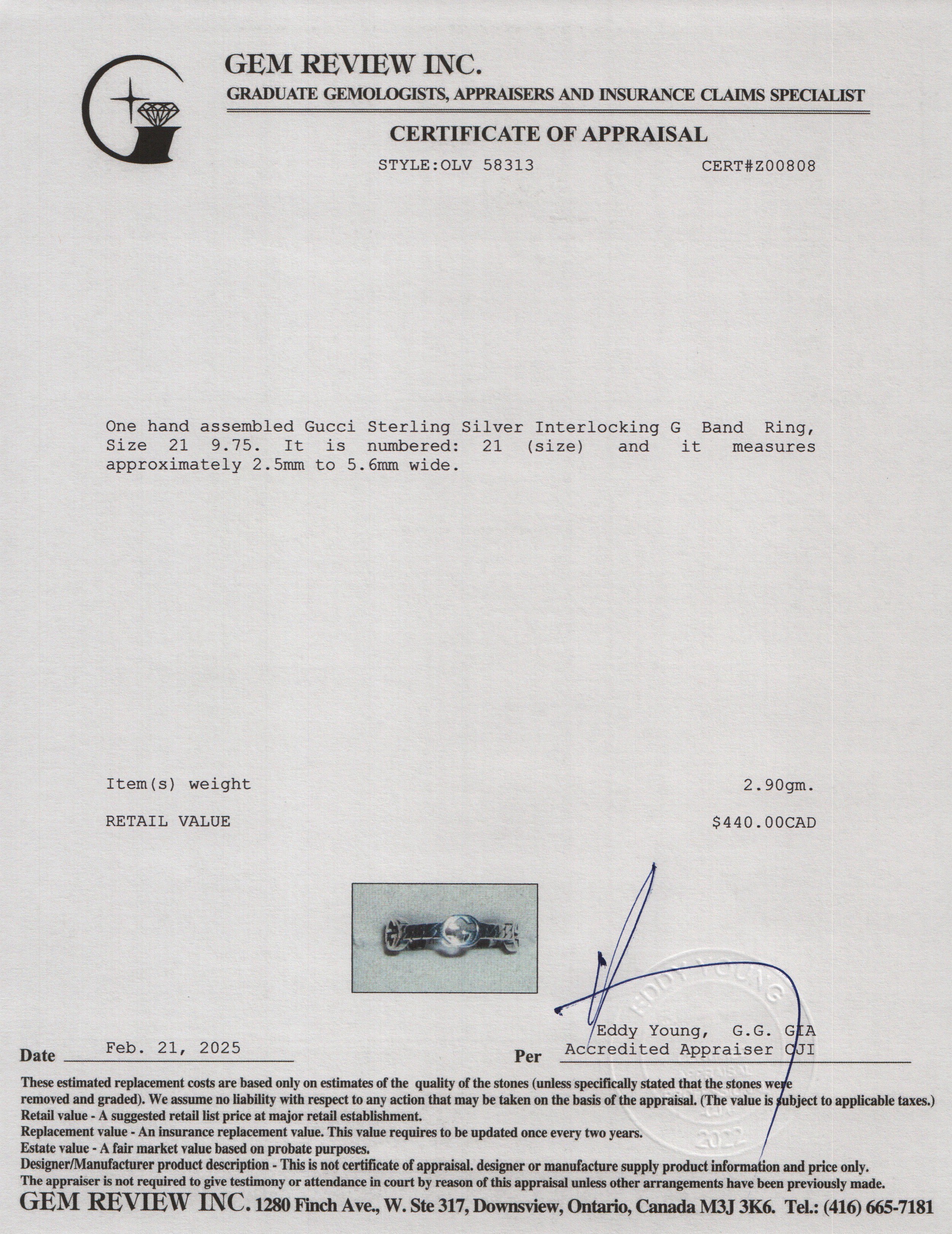 Gucci Sterling Silver Interlocking G Band Ring, Size 21 9.75