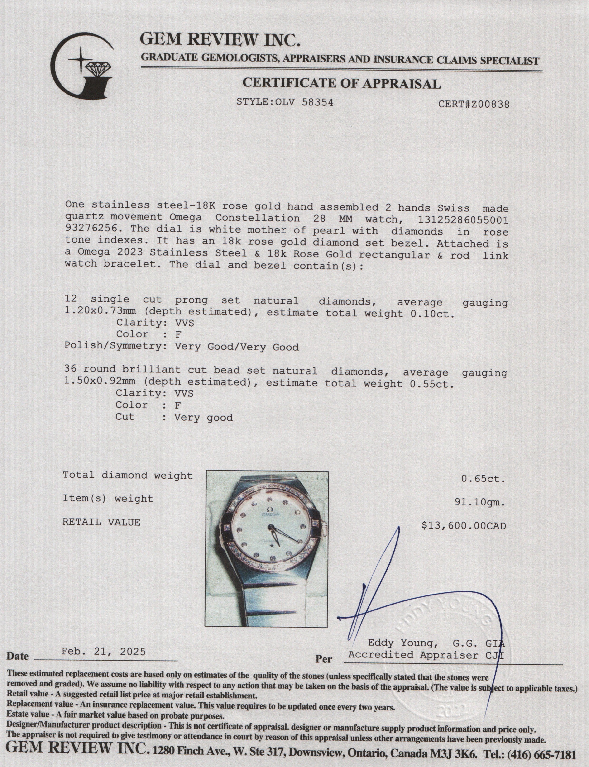 Omega 2023 Stainless Steel & 18k Rose Gold Diamond Bezel & Mother of Pearl Diamond Dial Constellation 28 MM Watch w/ Box, Papers & Receipt