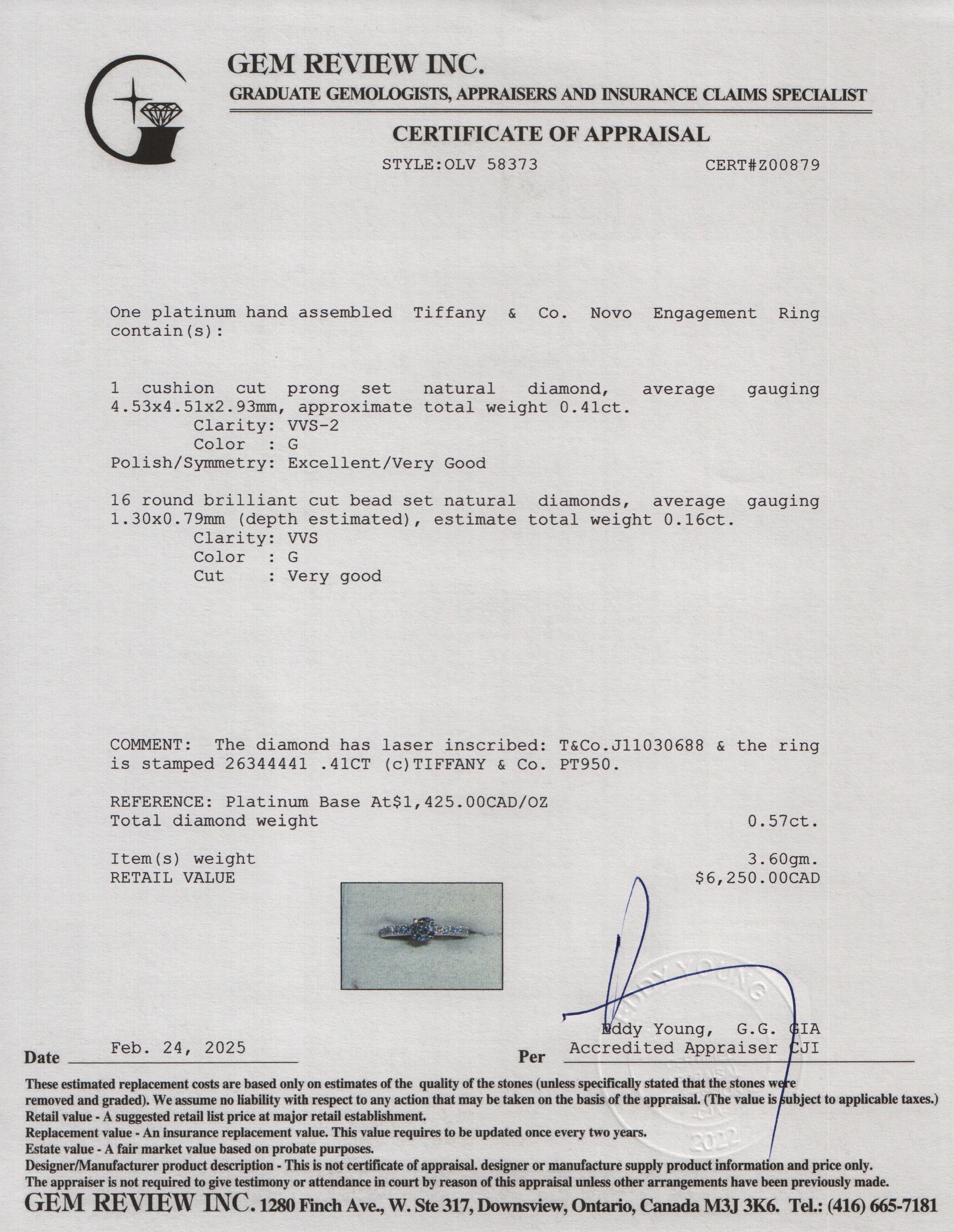 Tiffany & Co. Platinum 0.41 ct. Square Cushion Cut Diamond Novo Engagement Ring, Size 4.5 w/ Papers